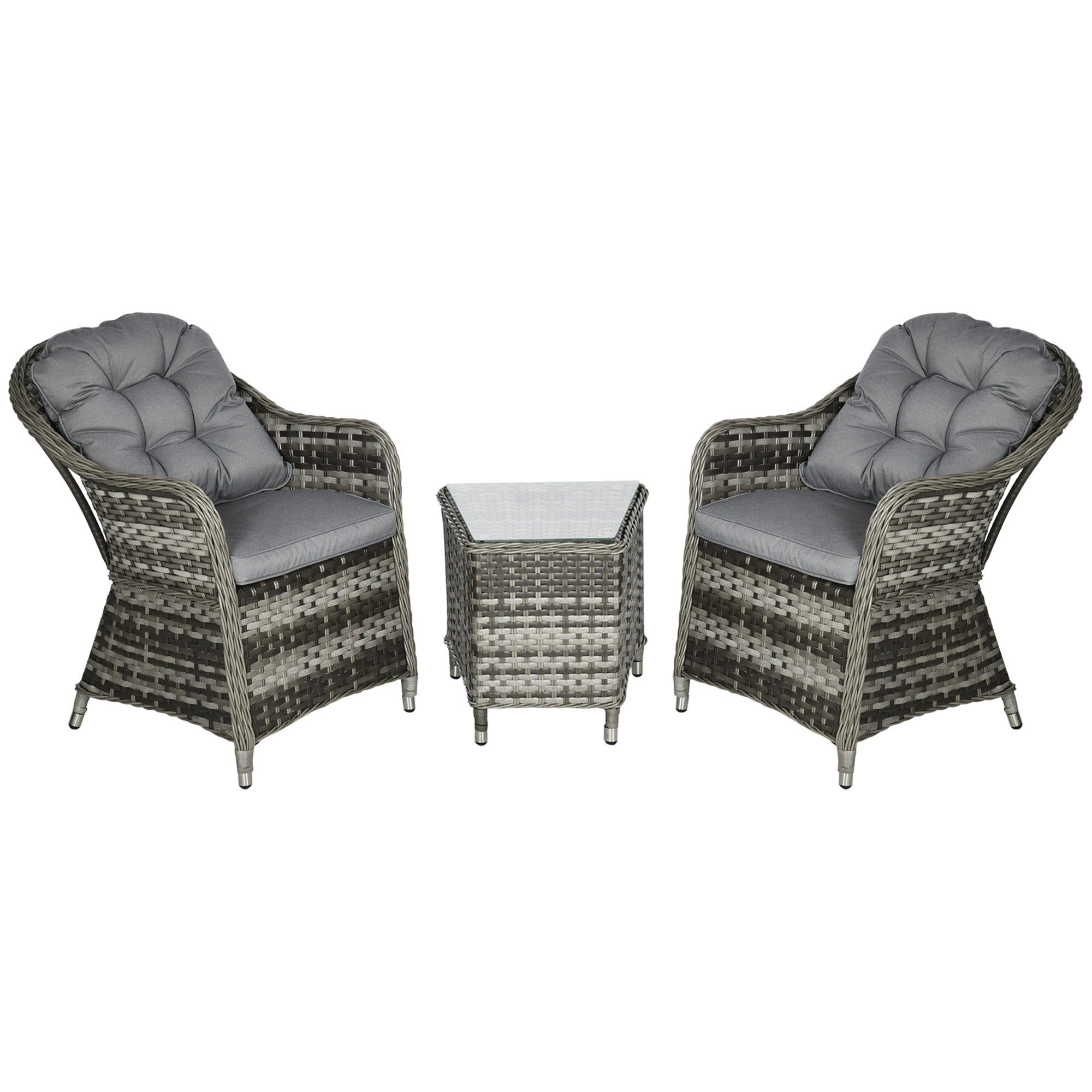 Rattan Bistro Set, 3 Piece Wicker Glass Table and Chairs with Cushions, Grey