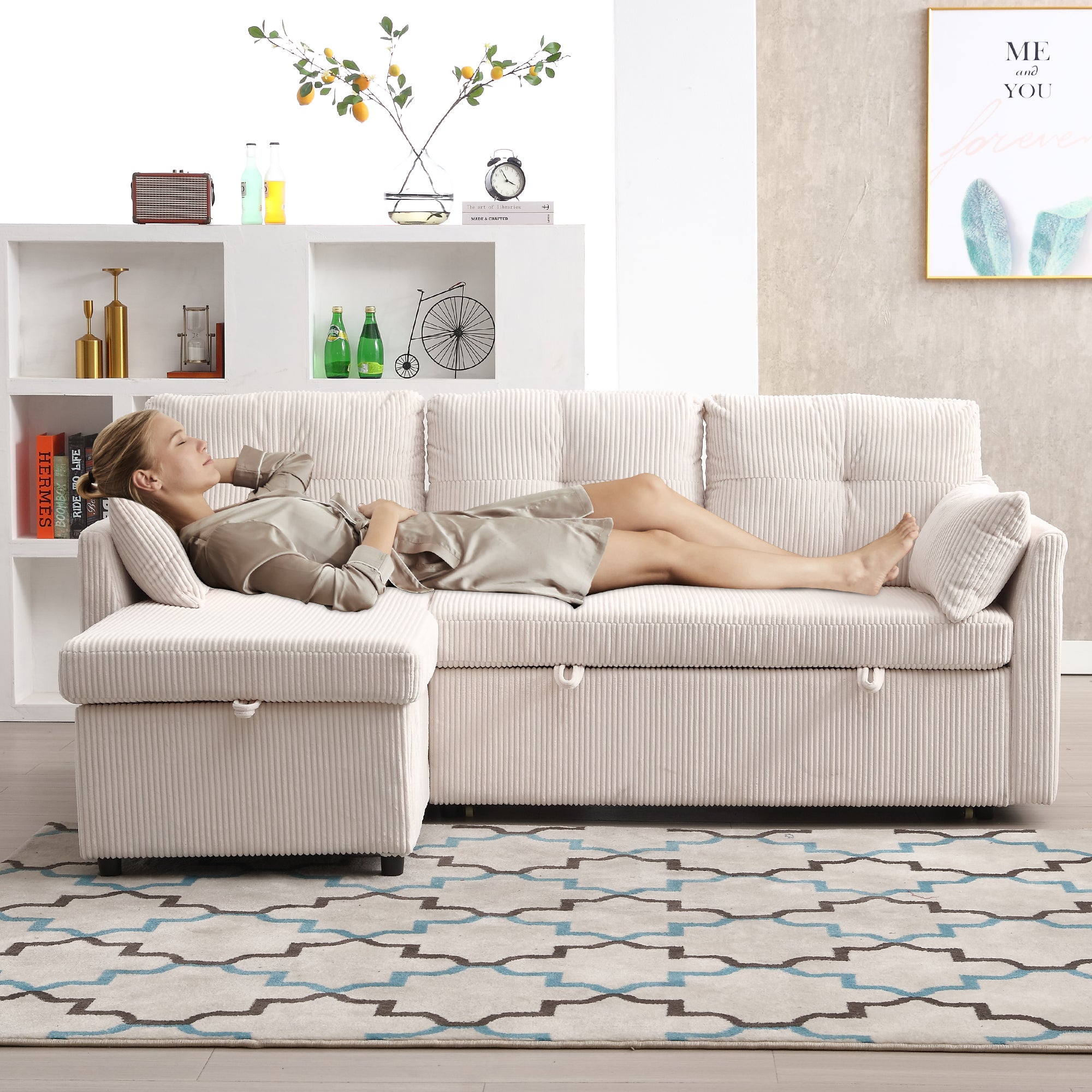 Sofa Bed, Multi-functional with Storage & Pull-out, Chaise Lounge Interchangeable, Modular L-Shaped Sectional