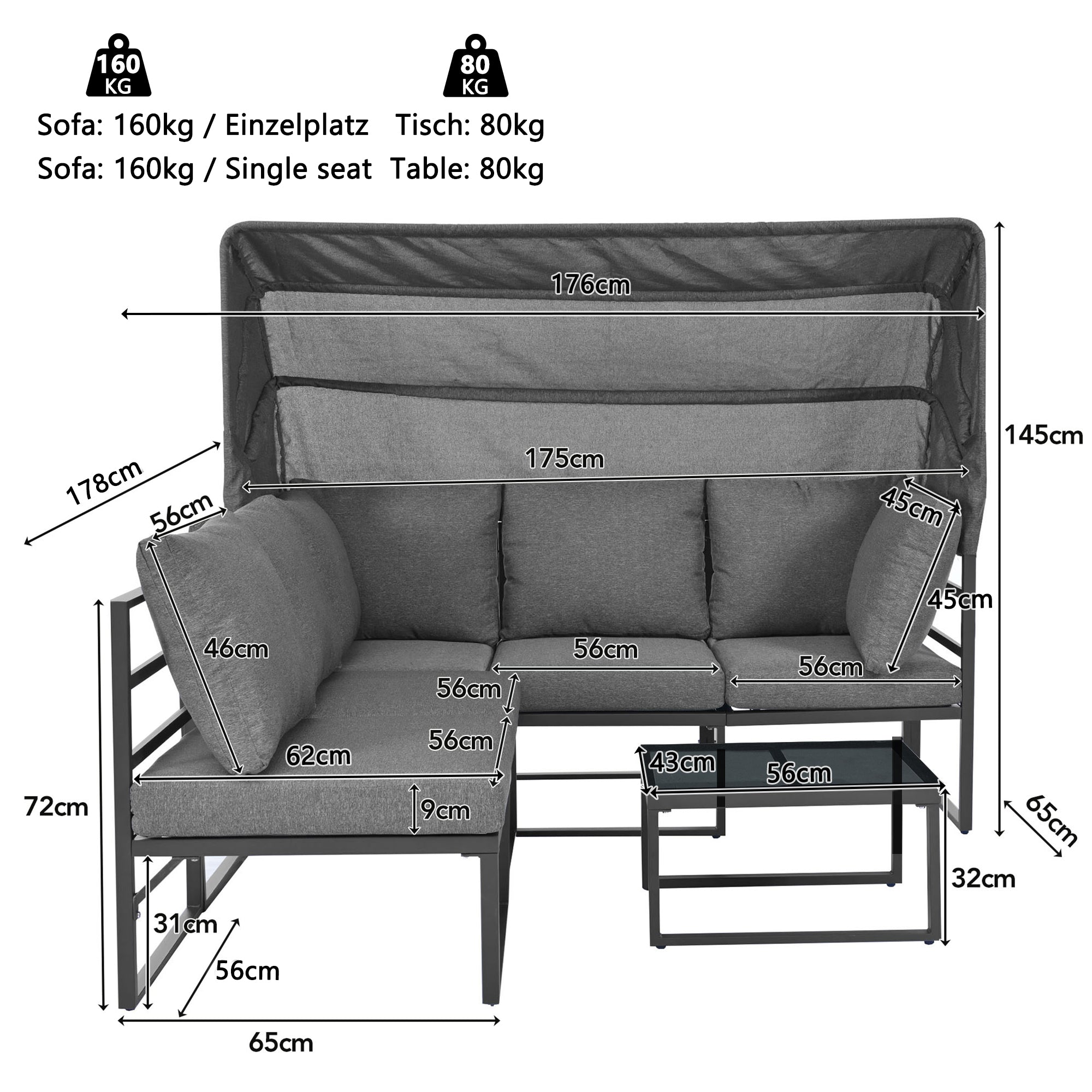 Garden lounge chair set iron, 4-piece seating group with stool table and awning, weatherproof gray