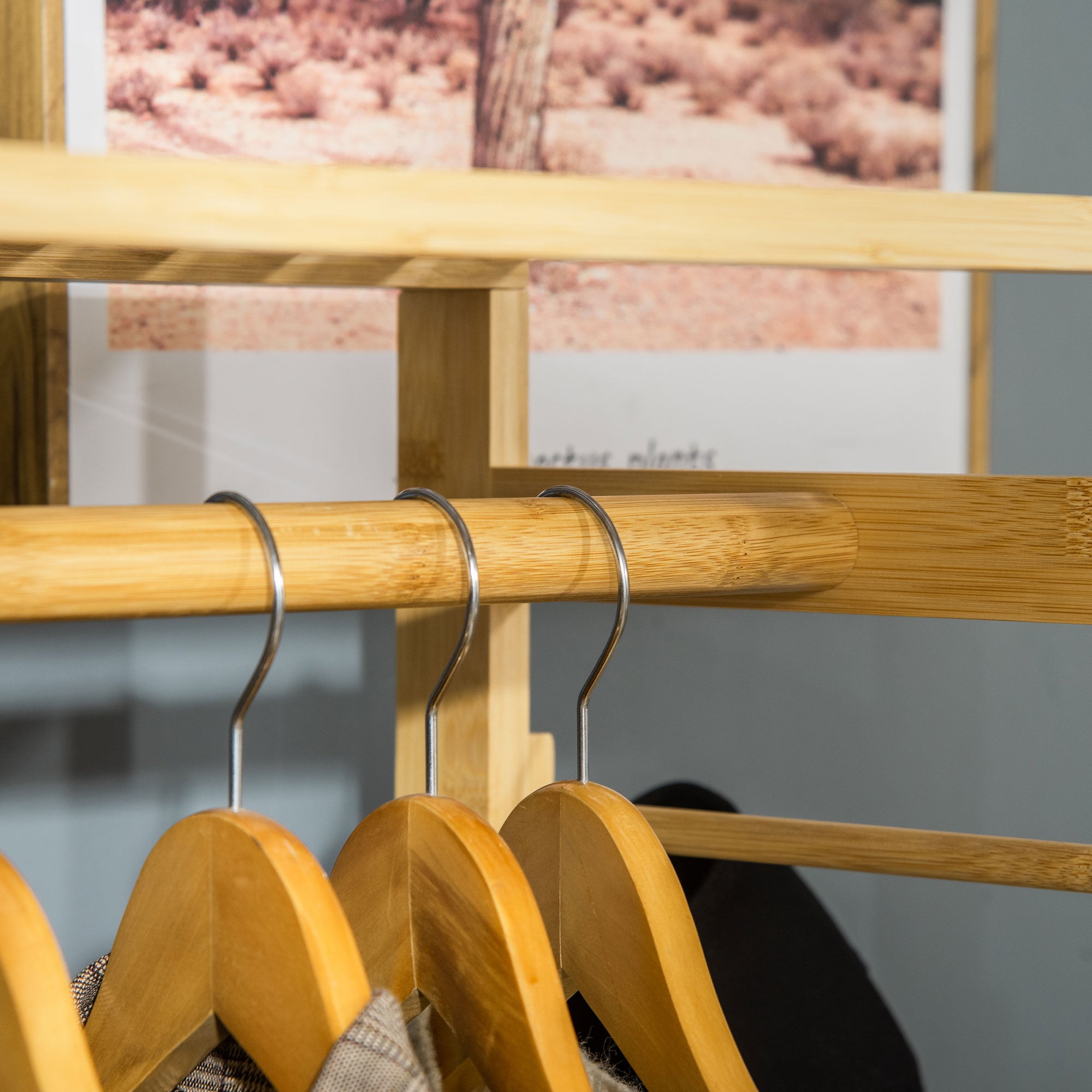 Bamboo Garment Rack Clothes Rack with Storage Shelf, Hanging Rail, and Side Hooks, Natural