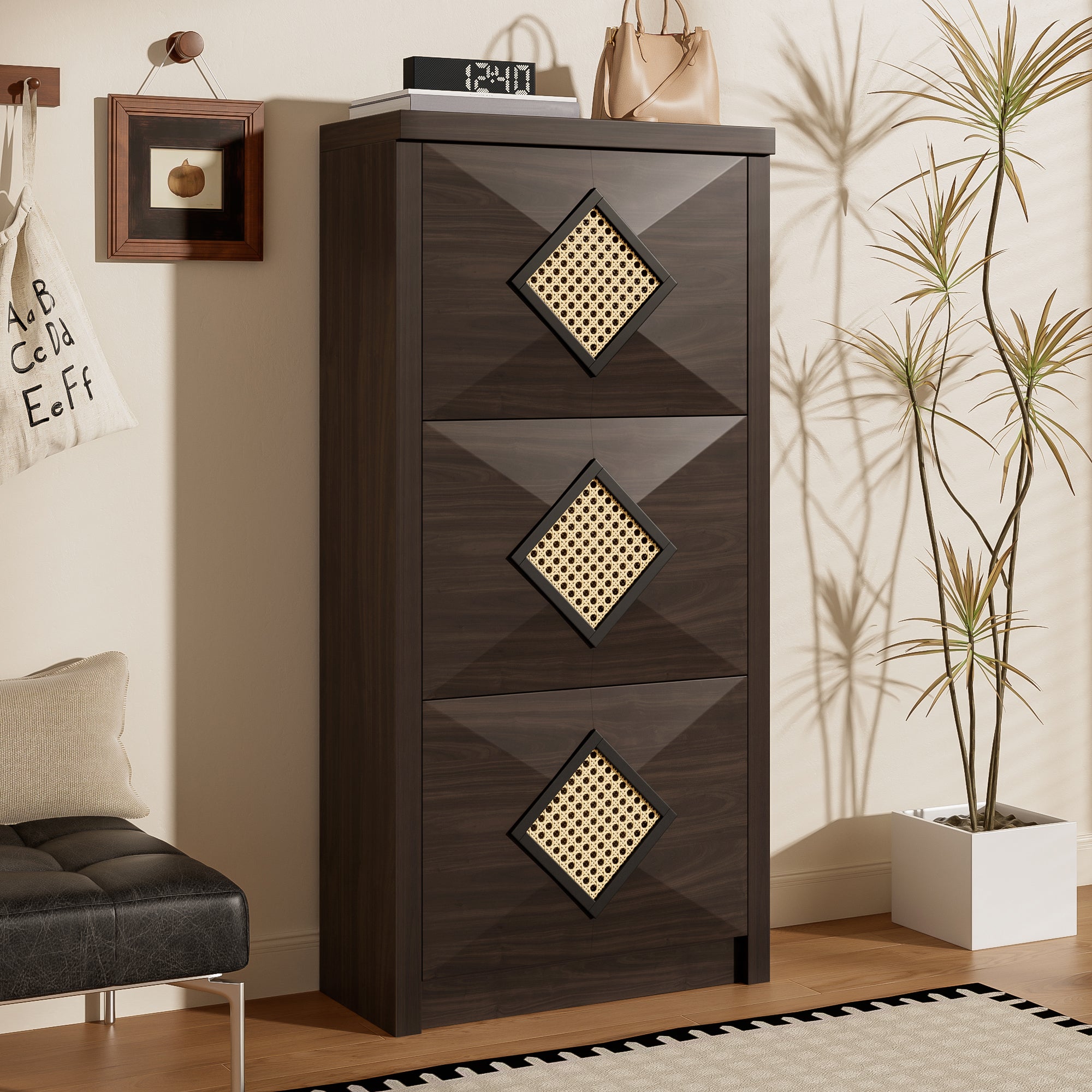 Vintage Shoe Cabinet, Space-Saving 3 Drop-Down Compartments, Dark Brown Rattan Decor