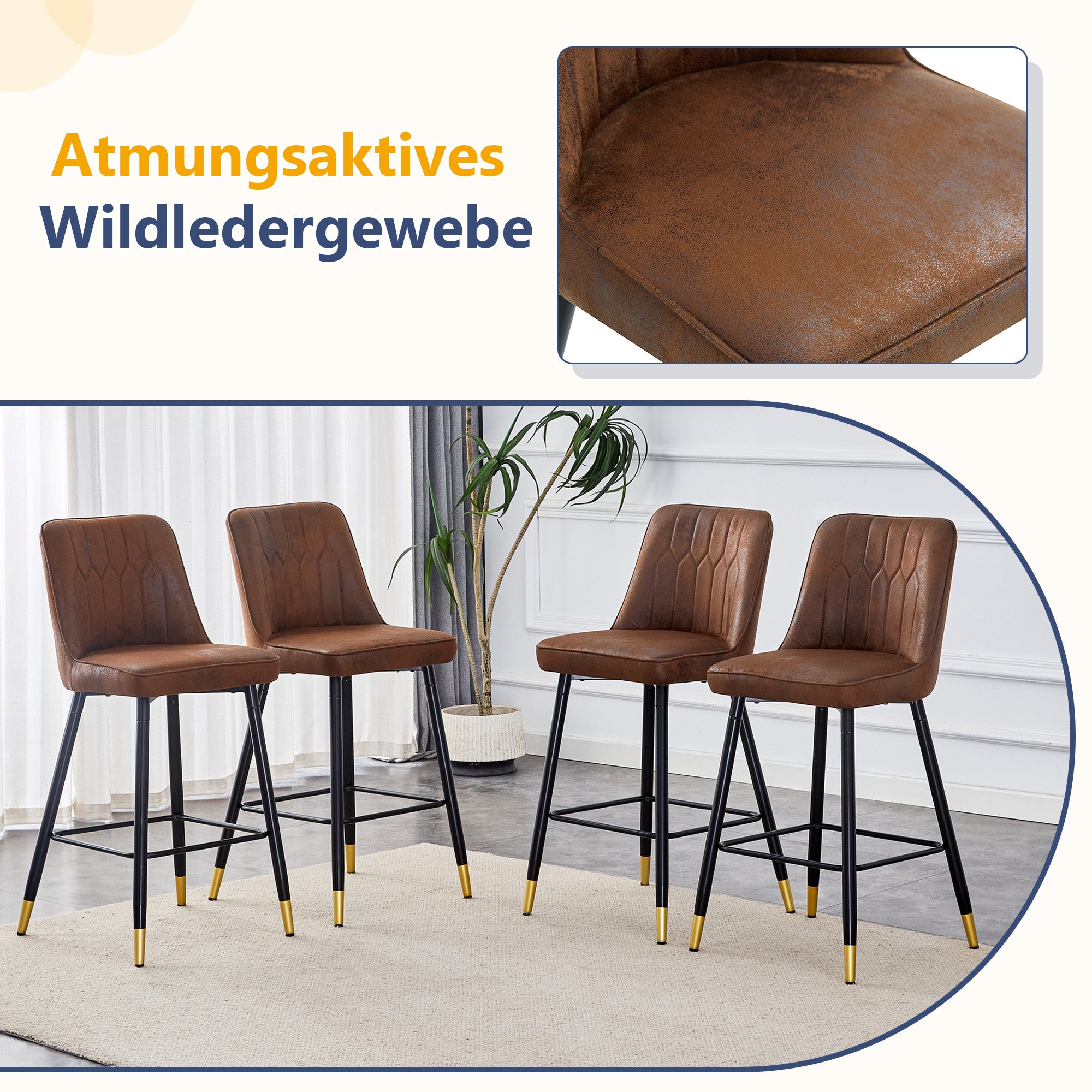 Set of 2 Bar Stools 100cm Black Metal Frame Footrest - Brown Tech Fabric