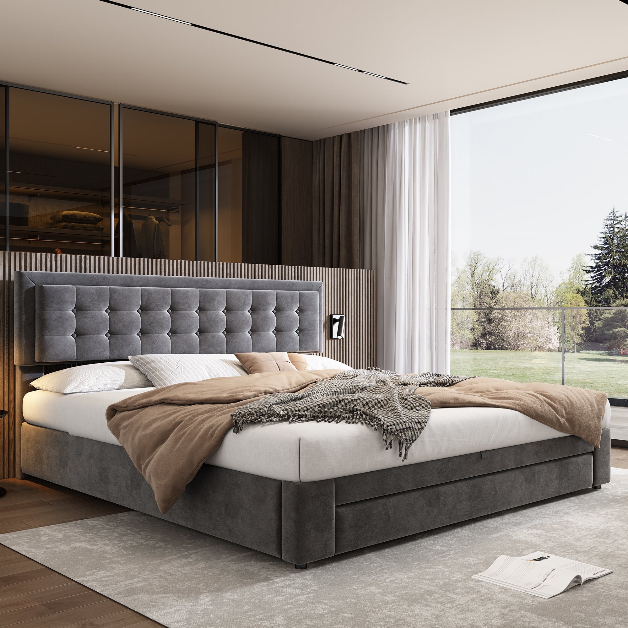 Upholstered Bed, Super King Size (180x200cm), with Large Storage & Slatted Headboard, Grey Velvet