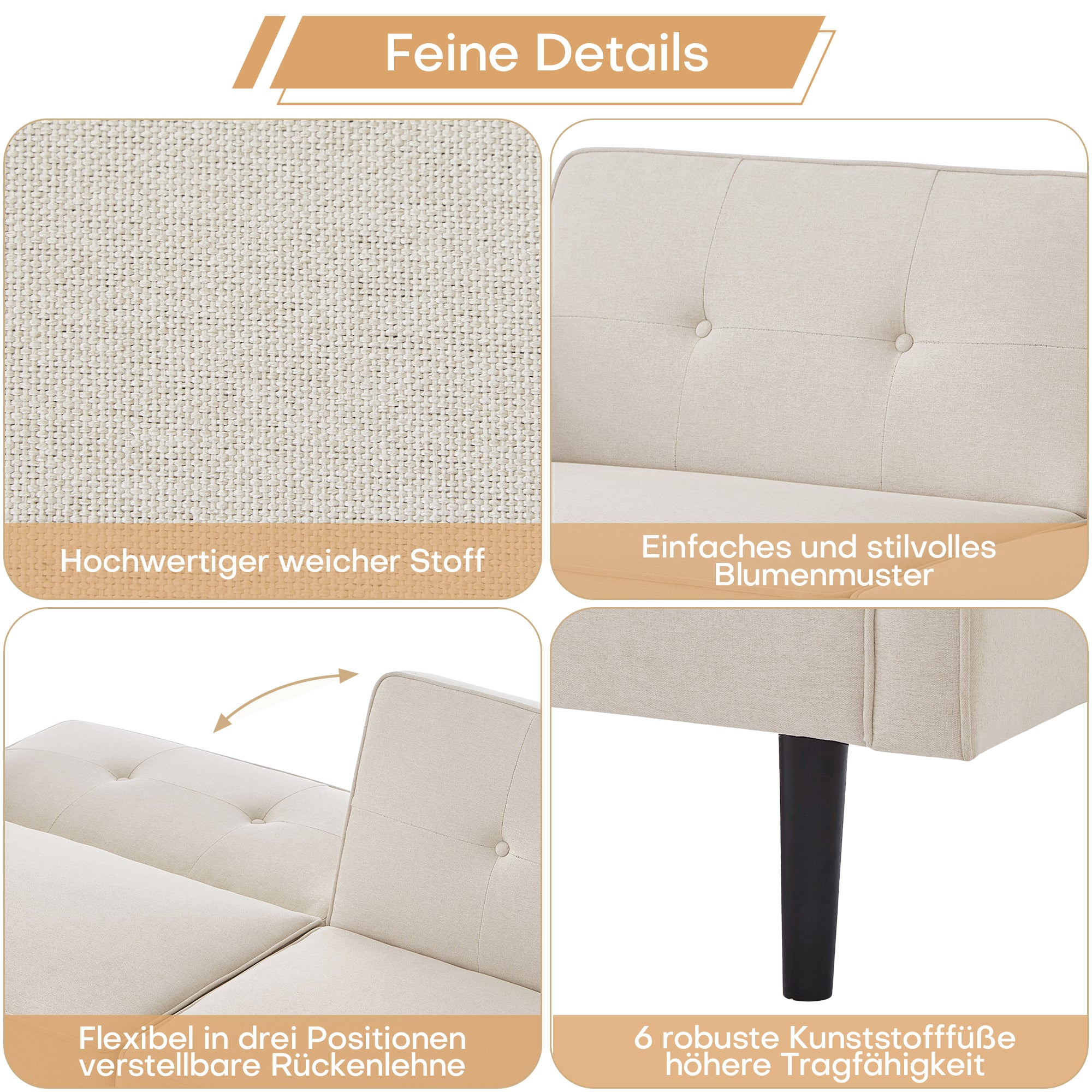 Sofa Bed, 2-in-1 Adjustable with Independently Adjustable Backrests, Cotton Linen Fabric