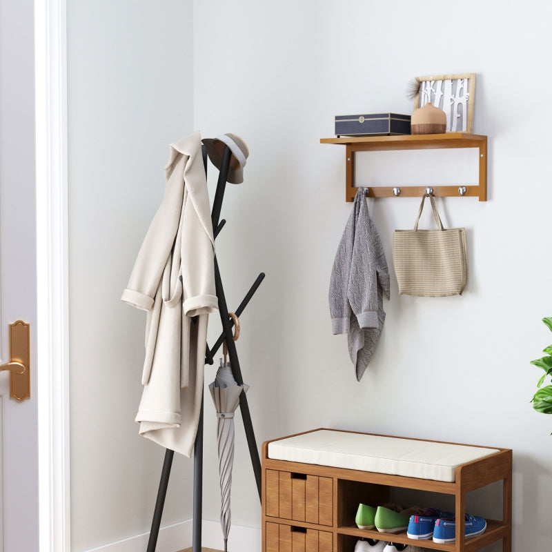 Wall Mounted Coat Rack with 4 Hooks, Rail, and Shelf, Wood