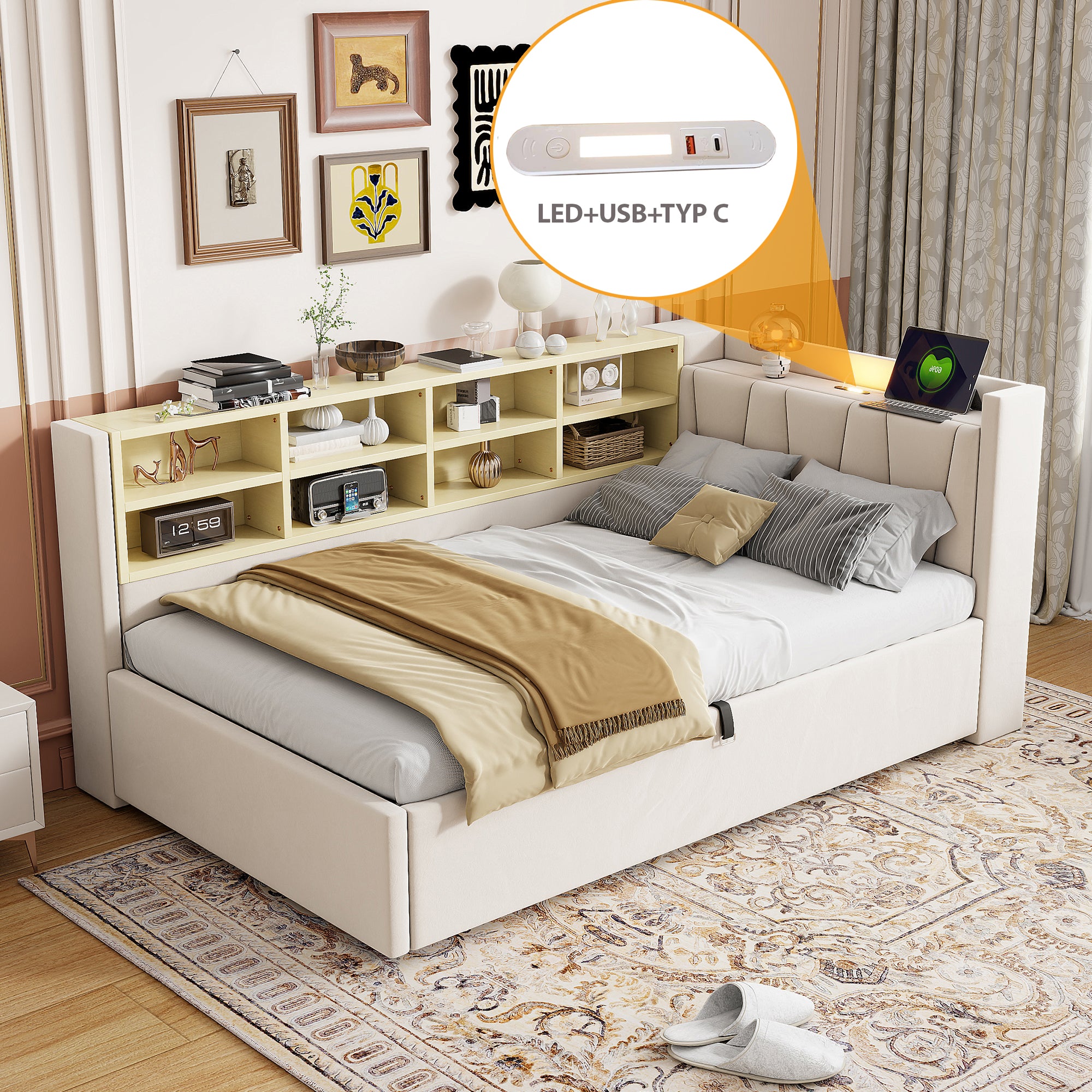 Sofa Bed, 90x200cm, Hydraulic Storage, Night Light, USB/Type-C, Velvet Beige