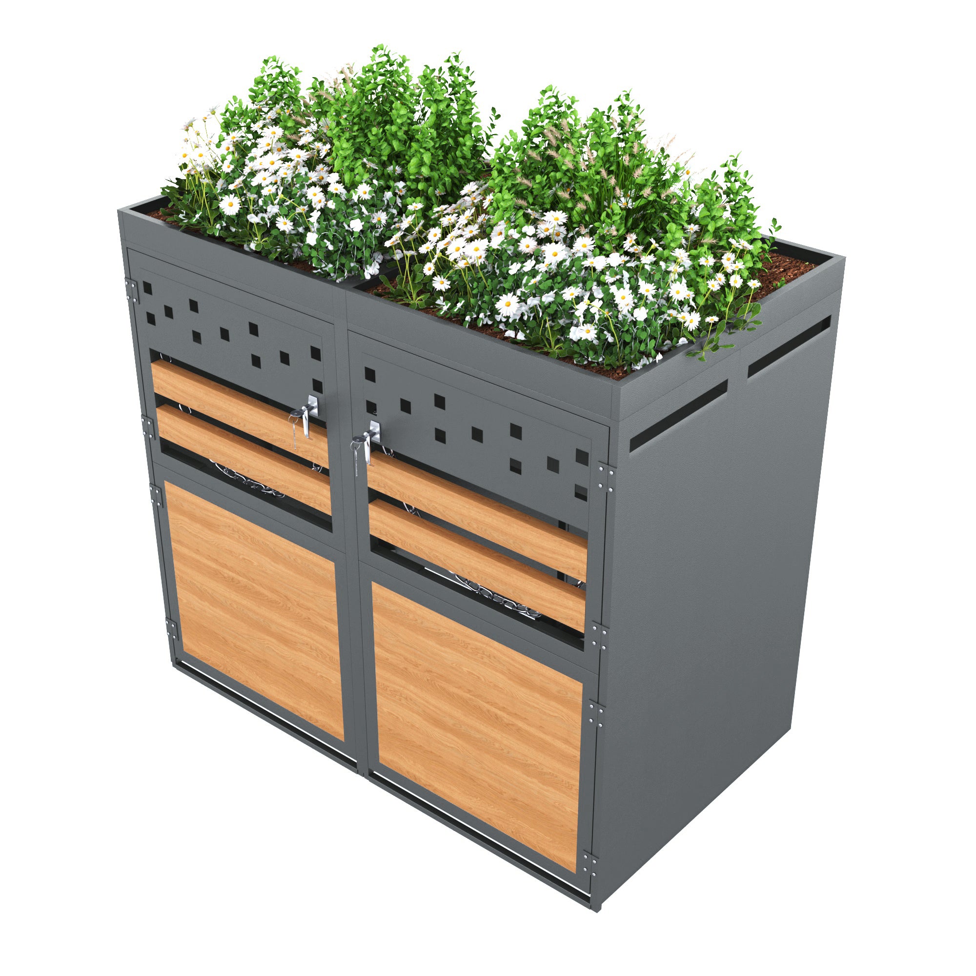Garbage Can Storage Box for 2, with Planting Roof, 120-240 Liters, Anthracite Wood-Look