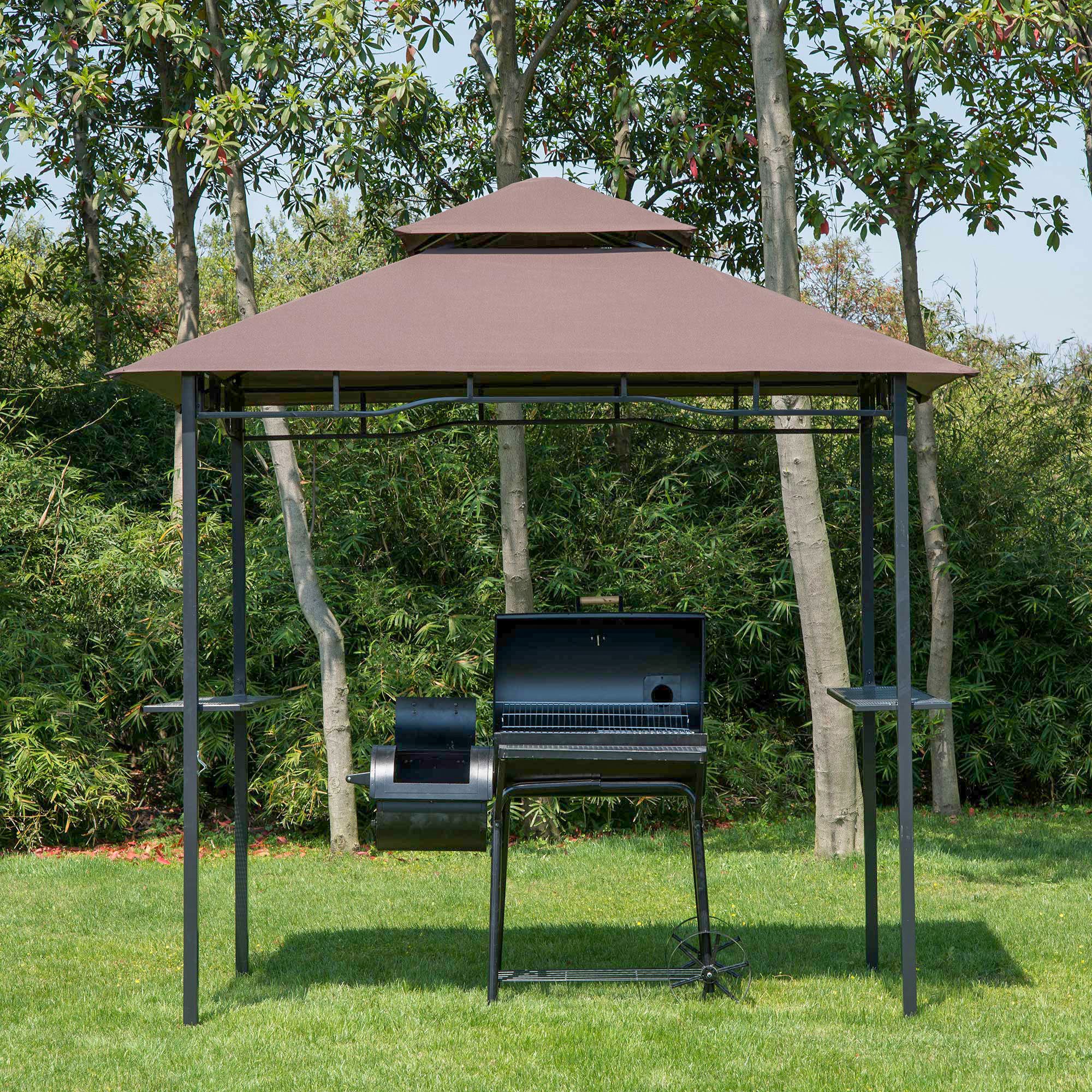 Grill Gazebo Canopy, 2.5x1.5m Double Tiered BBQ Shelter w/ 2 Side Shelves, Coffee