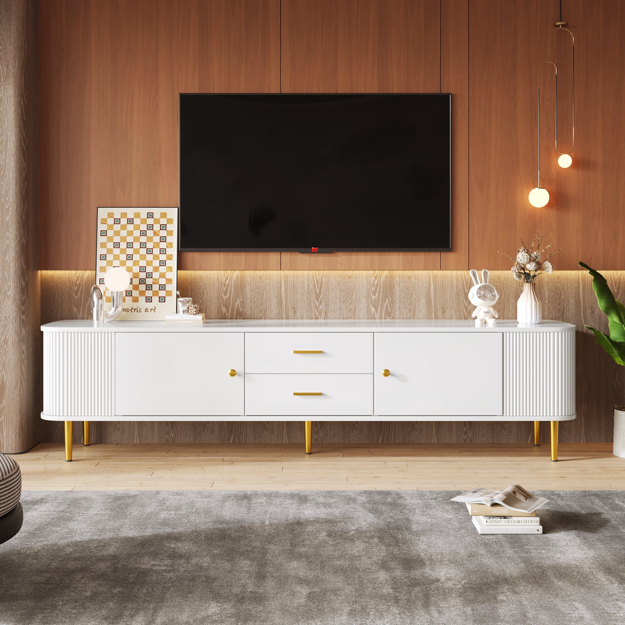 TV Cabinet, Curved Corners Wavy Sides Drawers, Gold Handles and Legs