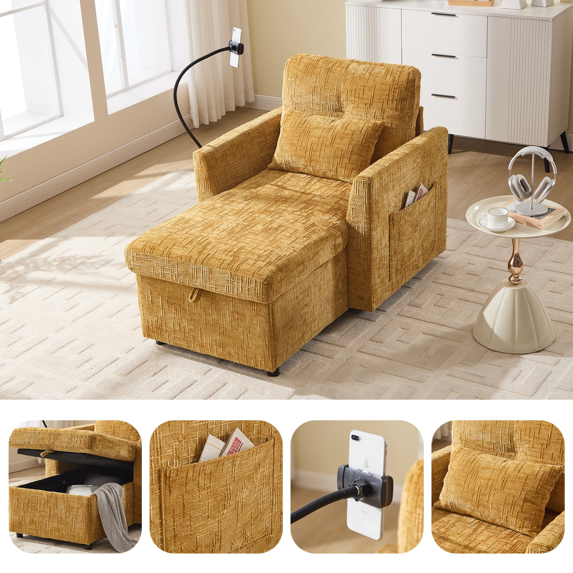 Reclining Sofa Lounge Chair, Multifunctional with Phone Holder, Chenille Fabric