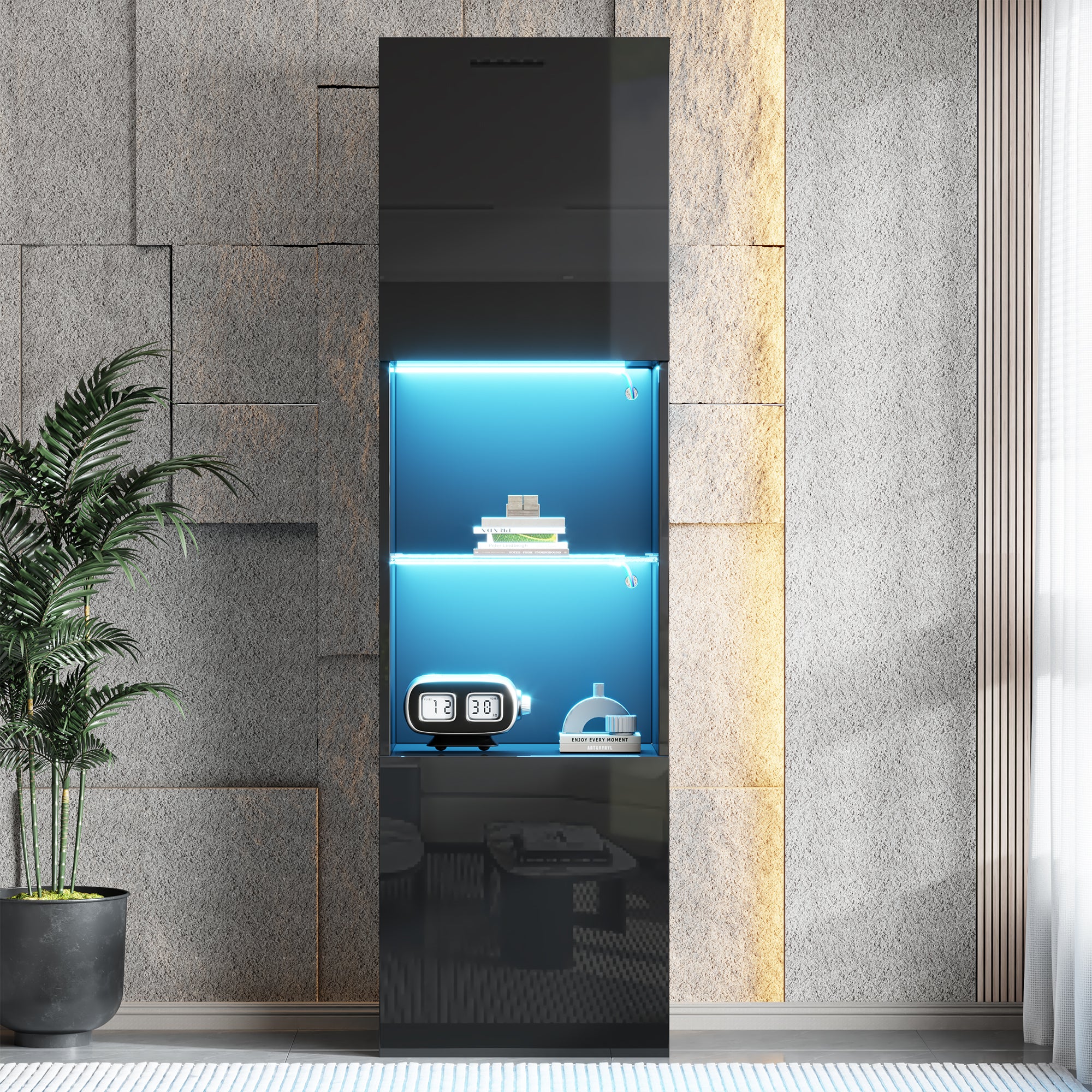 Display Cabinet, Freestanding with LED Lighting, 1 Glass Shelf, Black