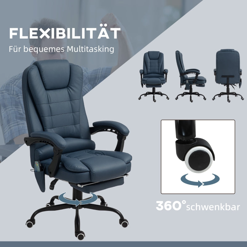 Vinsetto Massage Office Chair, 7 Vibration Points, Adjustable Footrest & Backrest, Leather Look, Blue