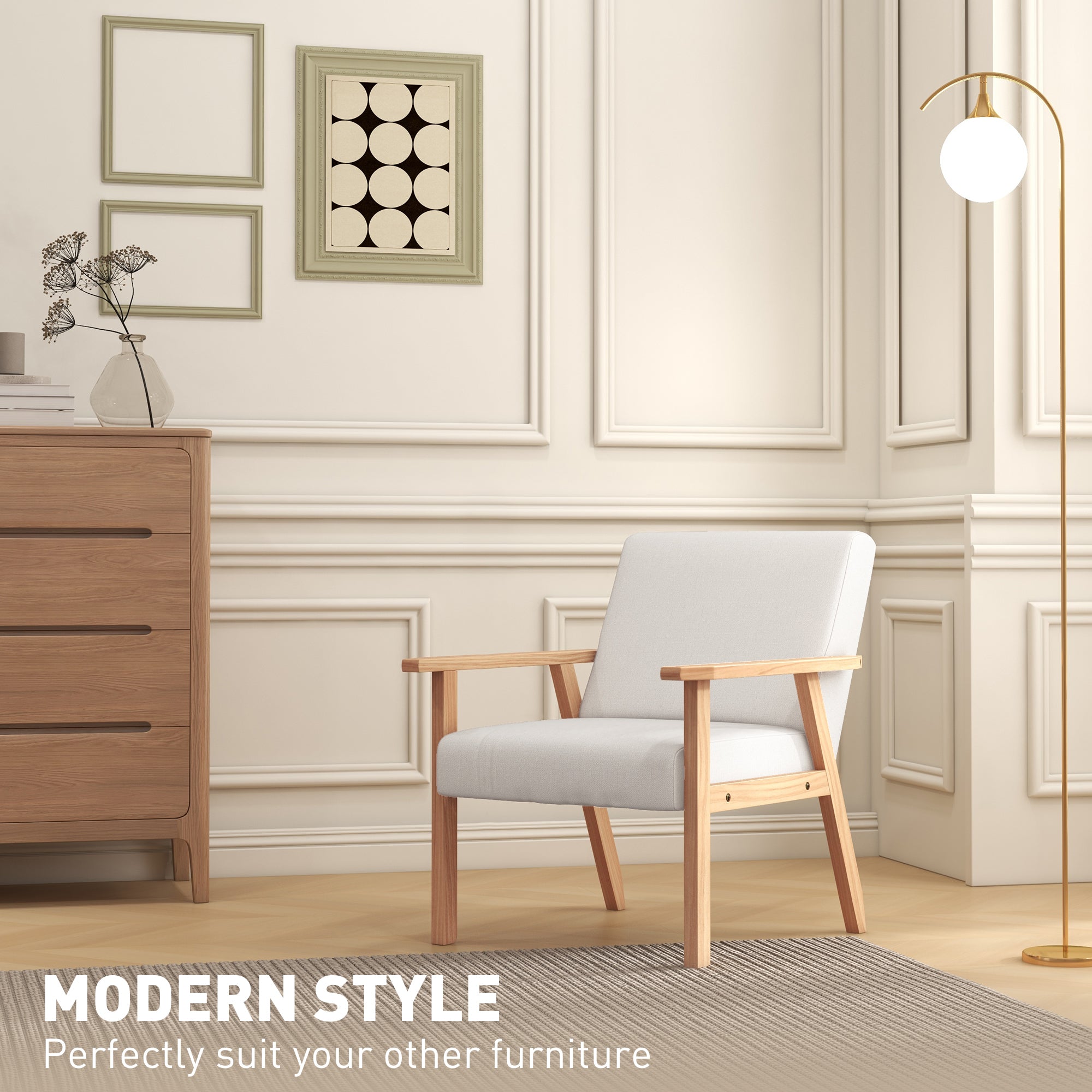 Accent Chair Wide Seat Armchair with Thick Cushions, Wood Frame, Cream White Linen