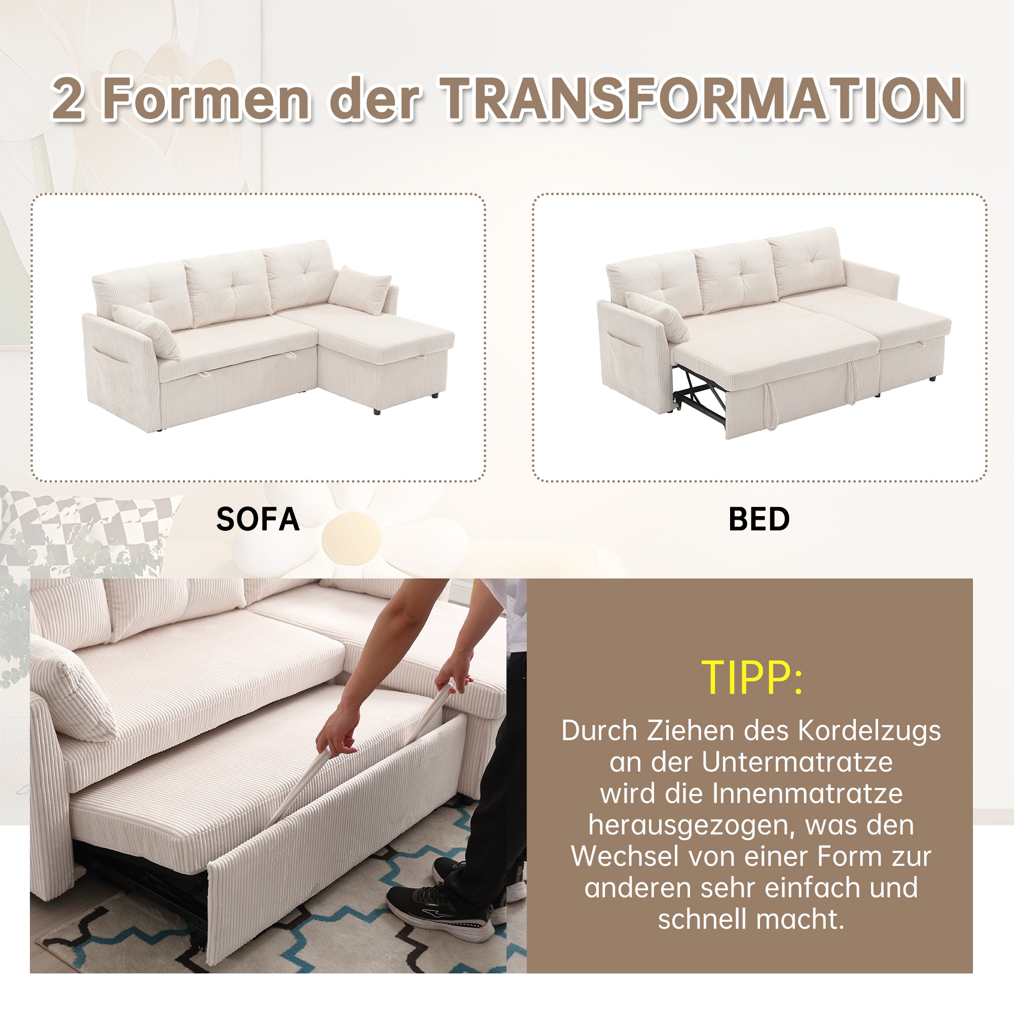 Sofa Bed, Multi-functional with Storage & Pull-out, Chaise Lounge Interchangeable, Modular L-Shaped Sectional