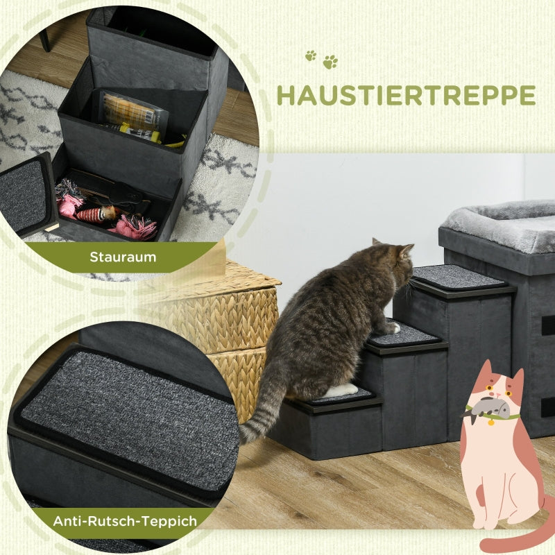 Cat House with 3 Pet Stairs & 2 Food Bowls, Grey