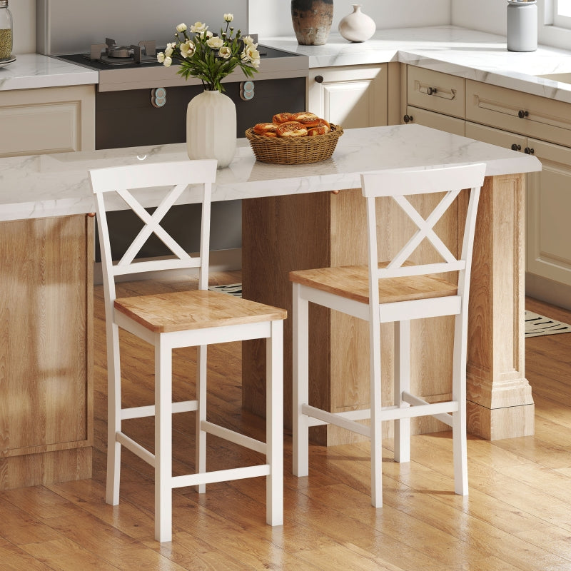 Bar Stools, Set of 2 with Backrest and Footrest, Rubberwood, Oak+White