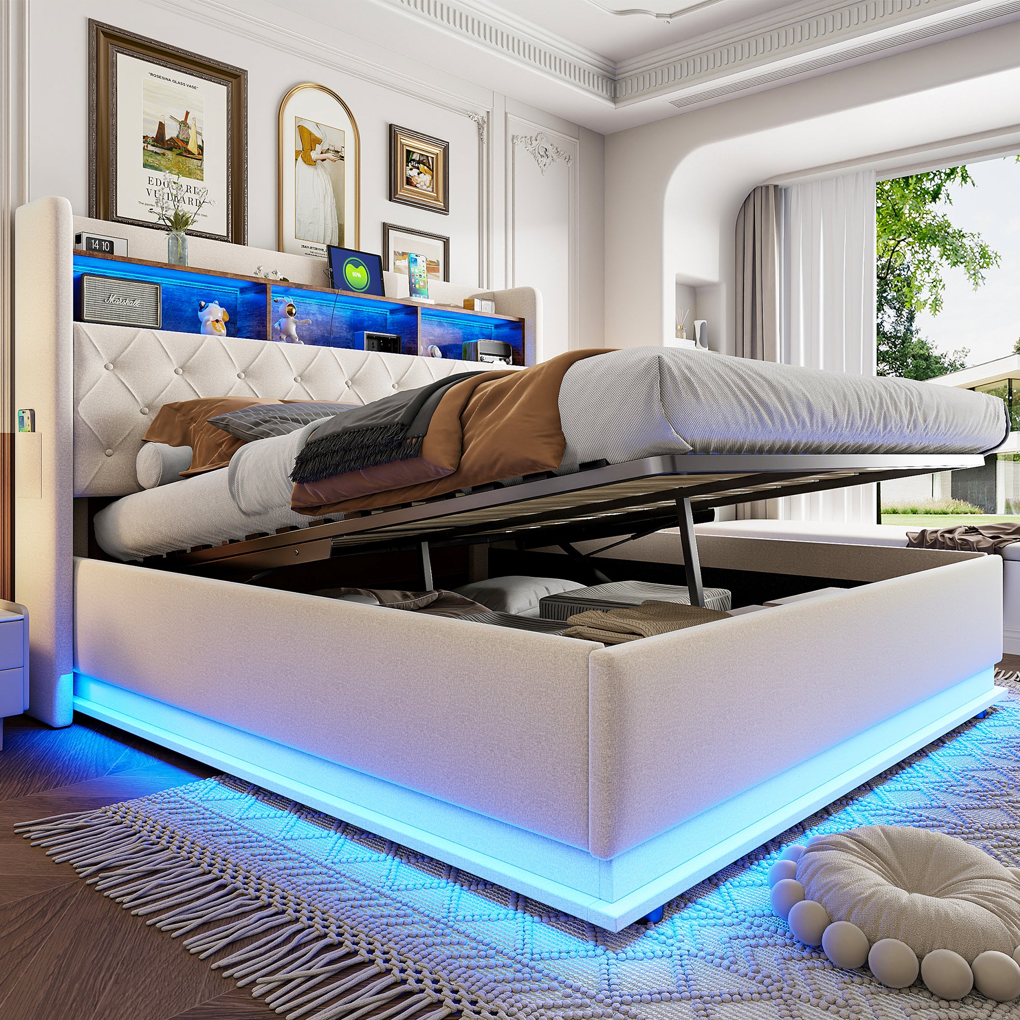LED Upholstered Bed with USB & Hydraulic Storage, Linen Beige