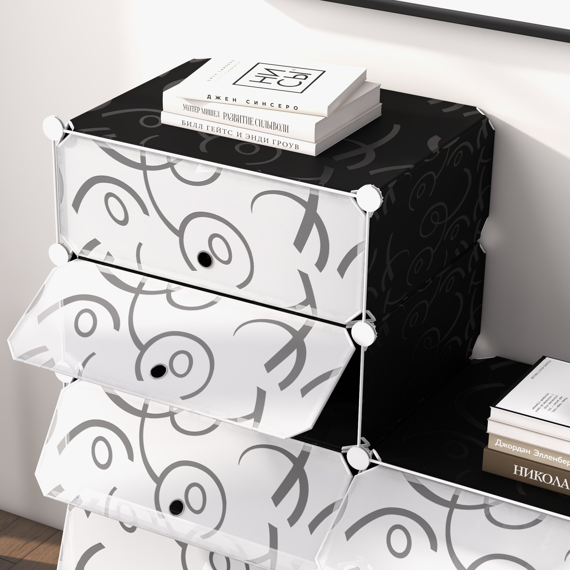 DIY Shoe Cabinet, 16 Compartments, Modular Wardrobe, PP Black + White