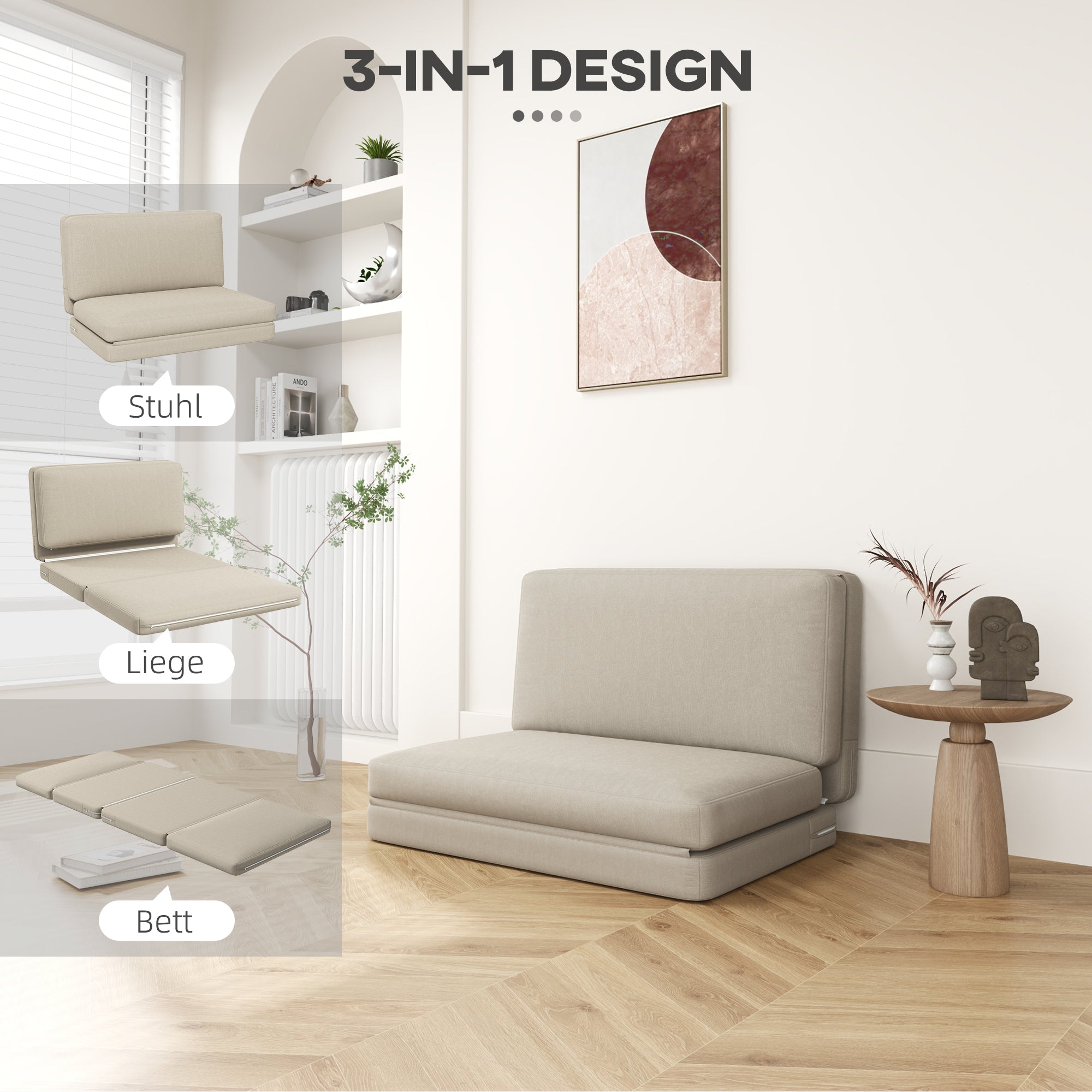 3-in-1 Folding Sofa Bed, Velvet Upholstered with Storage, Beige