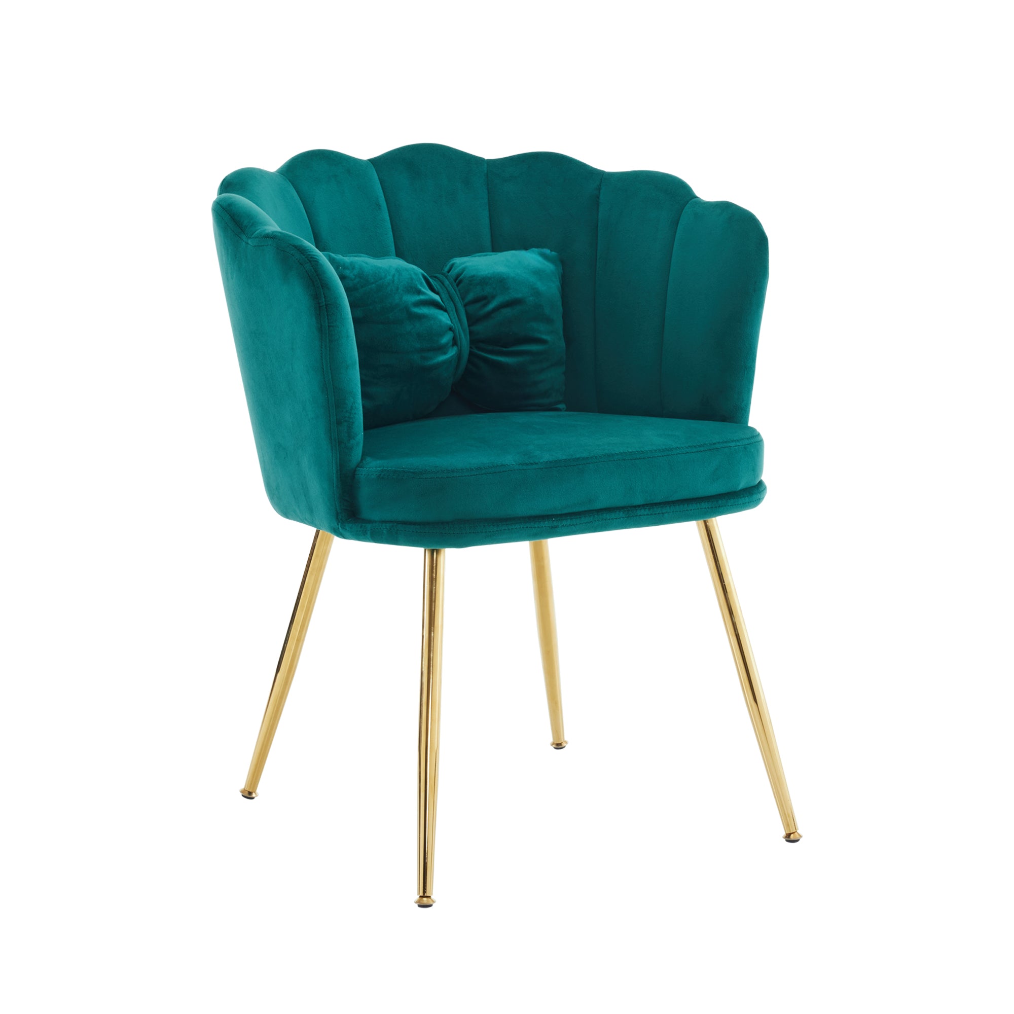 Modern velvet armchair, comfortable upholstered with petal back, gold-plated metal legs and butterfly cushion