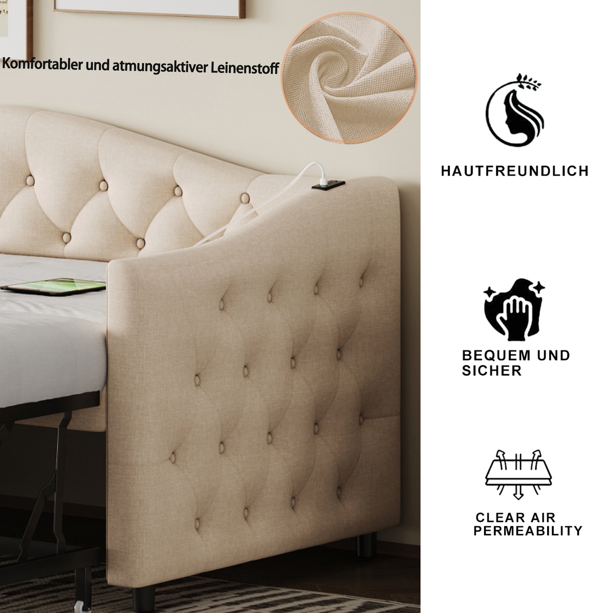 Upholstered Pull-out Sofa Bed with USB Port, Slatted Frame, Multifunctional - Linen Fabric, Beige