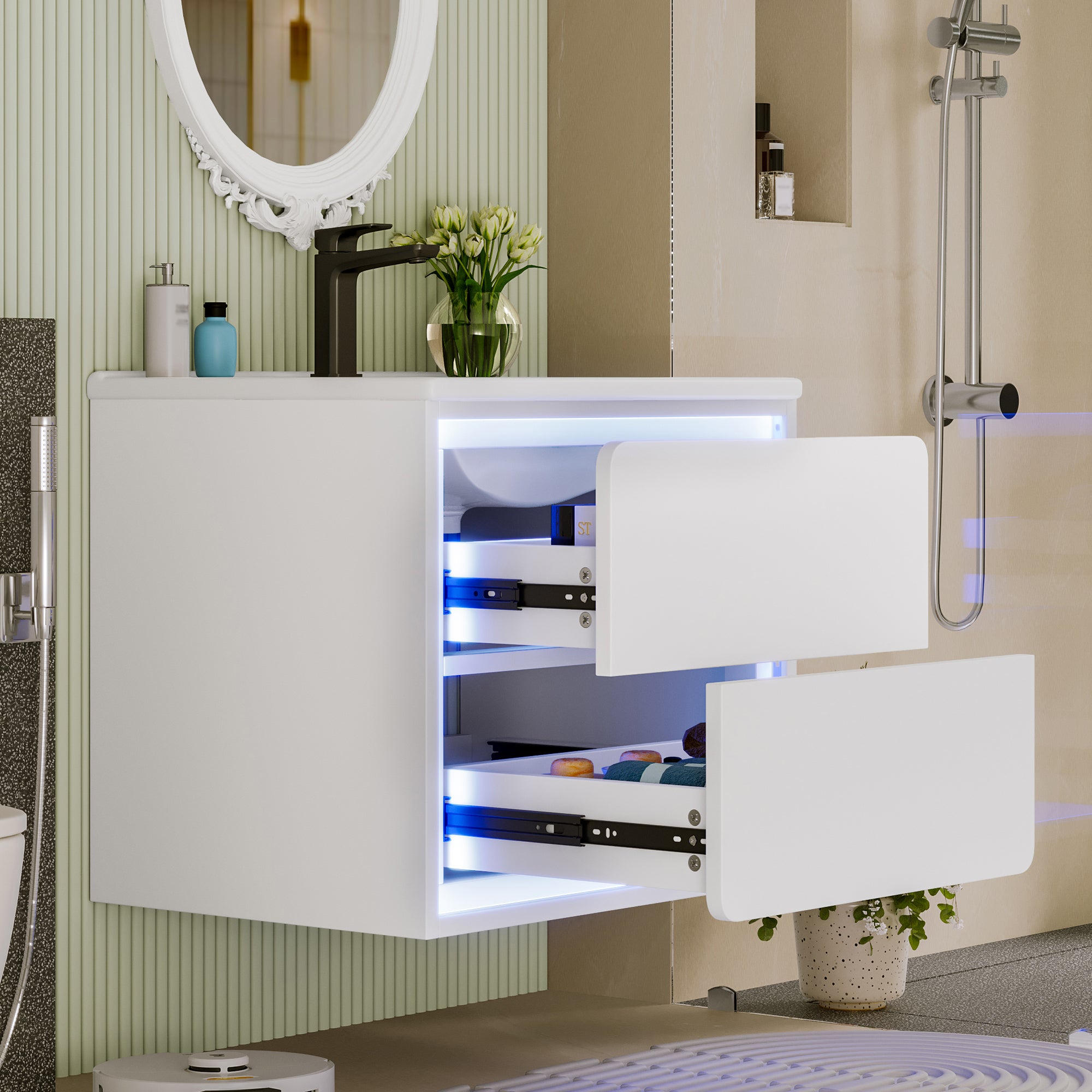 Wall-Mounted Bathroom Vanity Unit with Integrated Sink and LED Radar Sensor Lighting, White