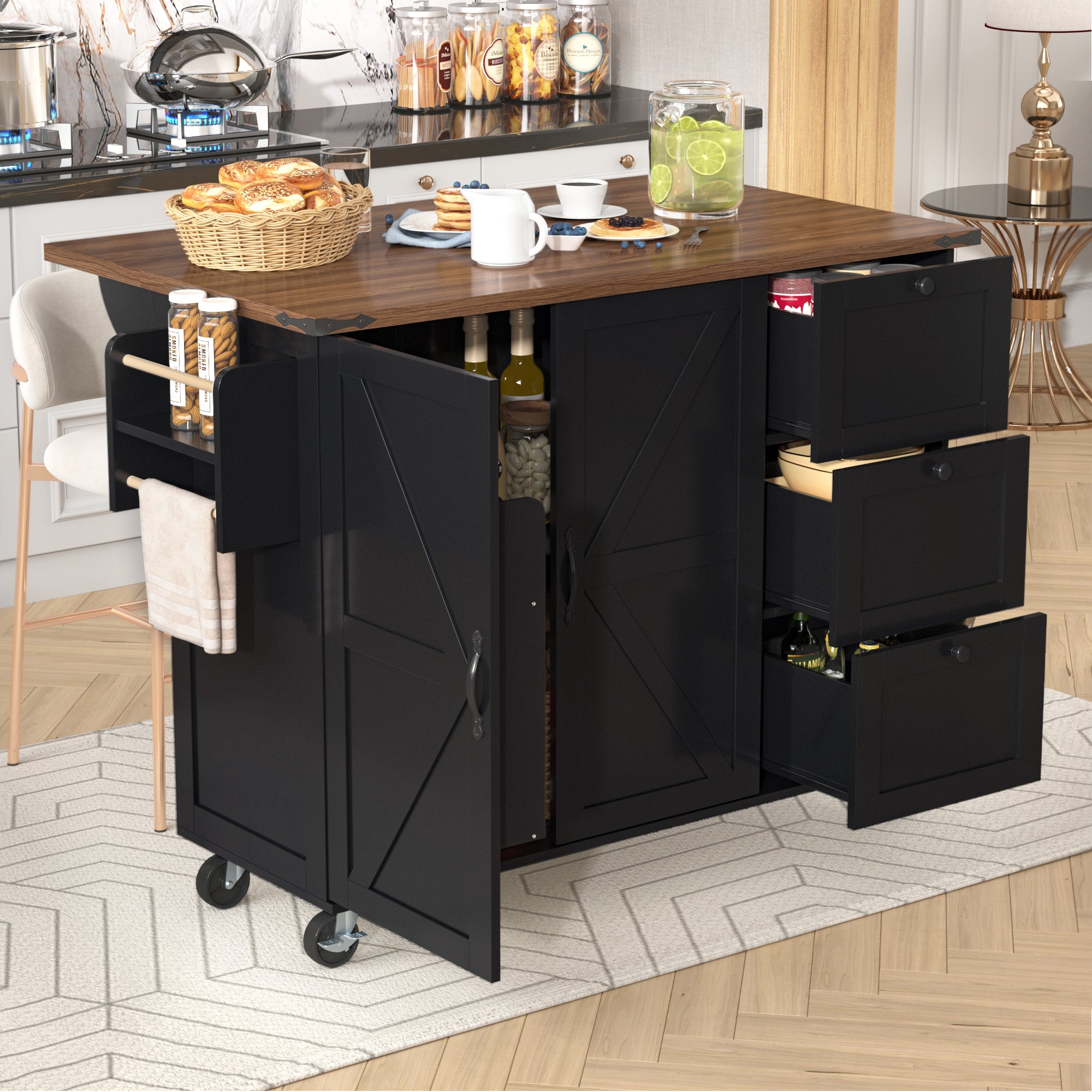 Kitchen Island Trolley with Pull-out Worktop, 2 Doors, 3 Drawers, Wood Grain Black