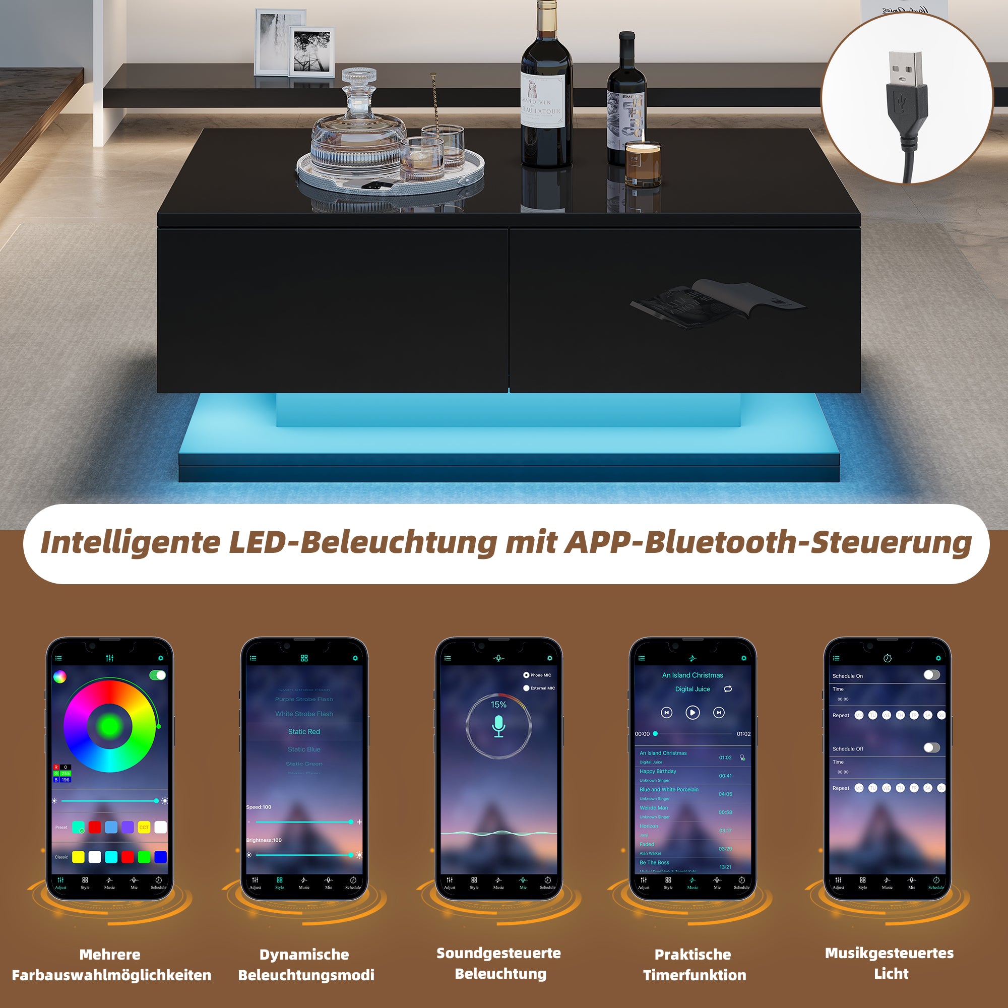 Coffee Table, High-Gloss with 2 Drawers & LED Lighting, Black