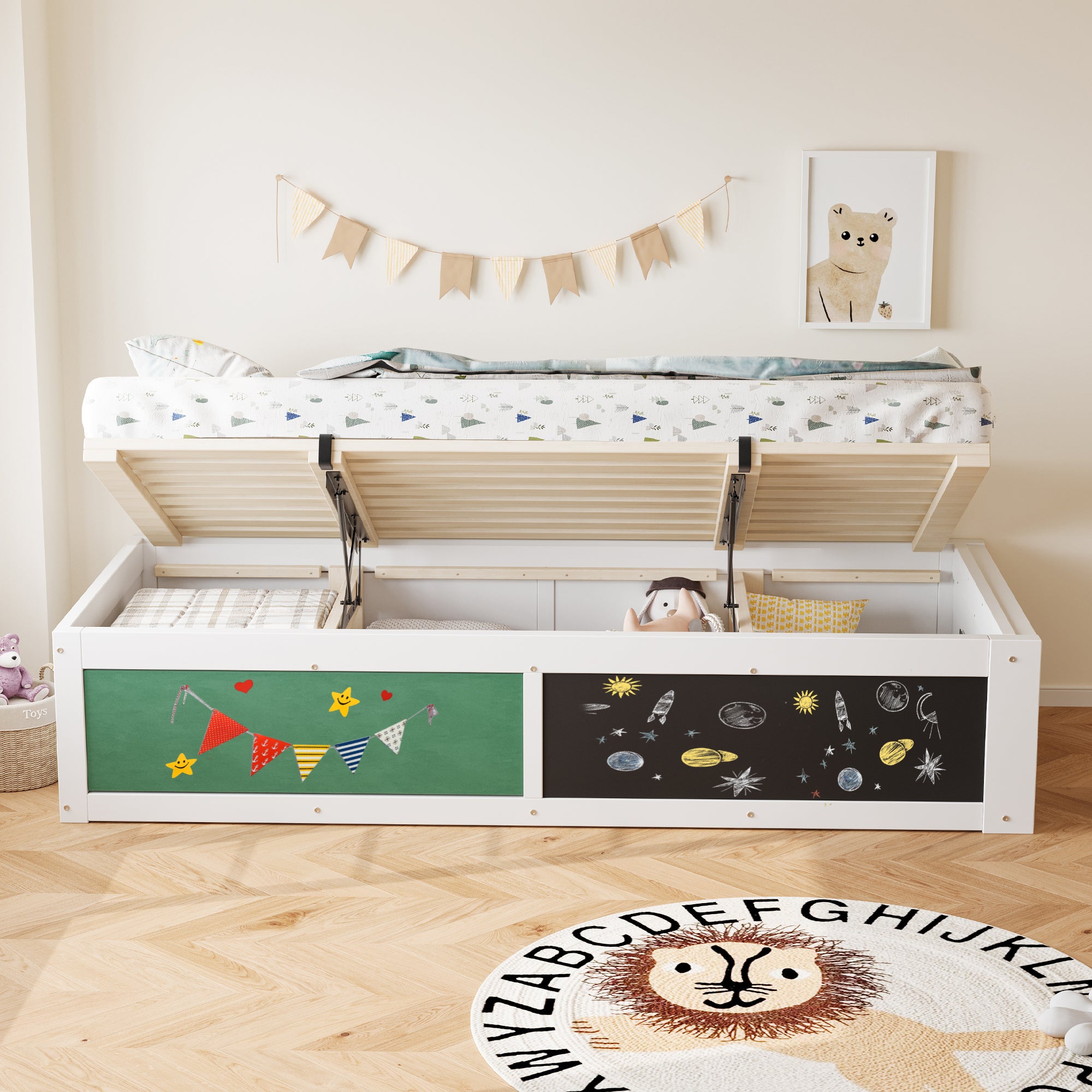 Wooden Bed 90x200cm Hydraulic Storage Writing Surface White