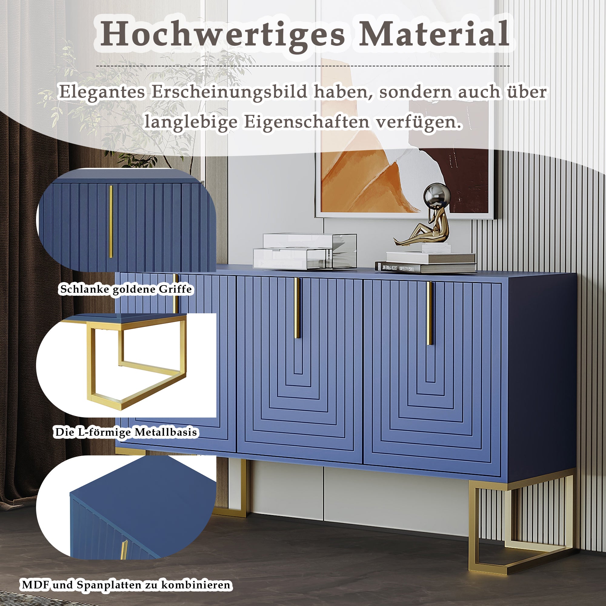 Sideboard, 3-Door Adjustable Shelves U-Shaped Metal, Navy Blue