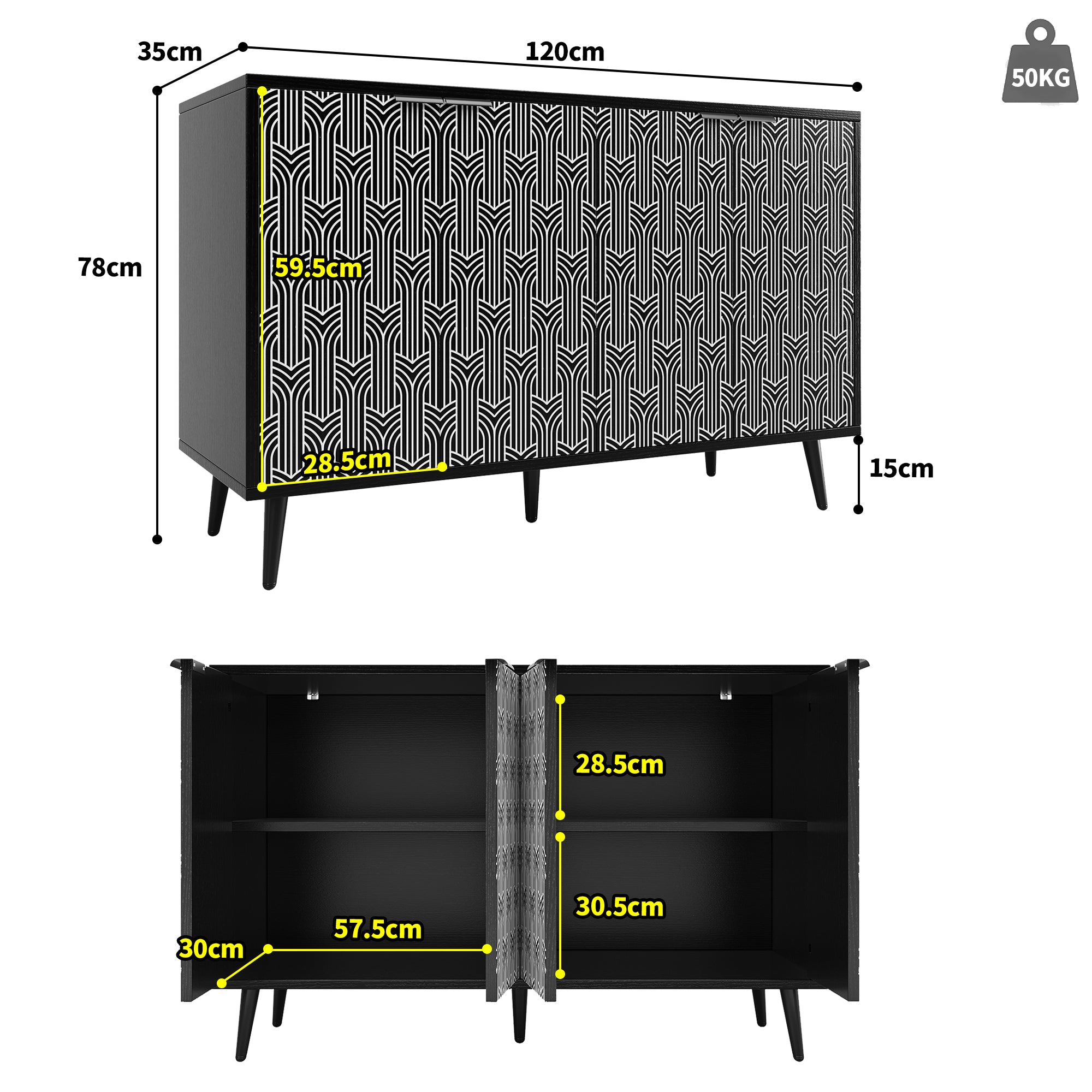 Dining Room Cabinet Freestanding Storage Unique Carved Herringbone Door Black