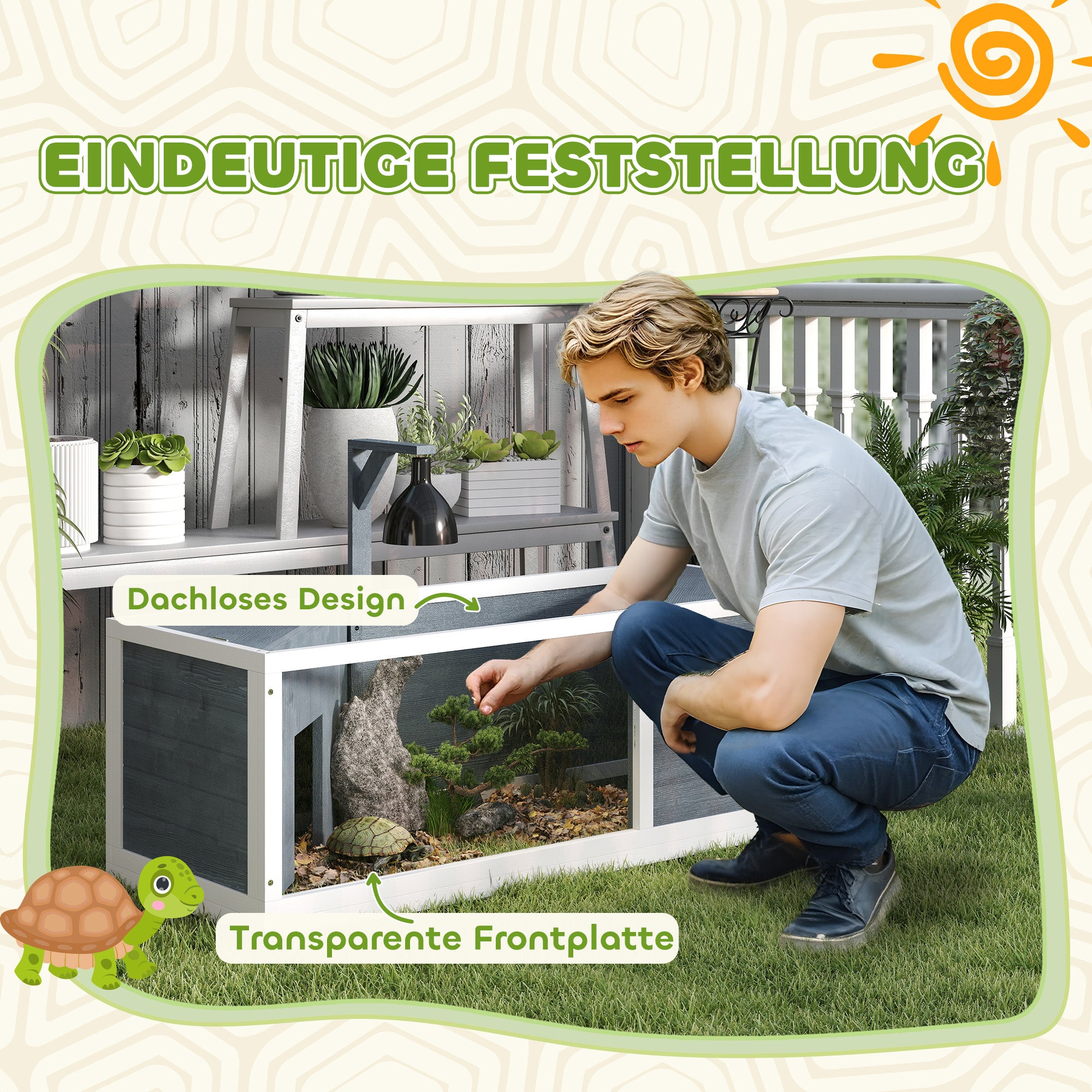 Wooden Turtle House, 2 Main Houses Hinged Top Light Stand Transparent Front Panel, Grey