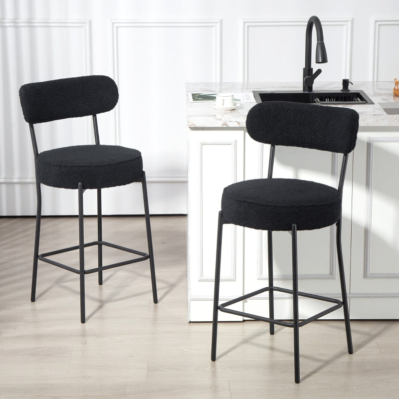 Set of 2 Bar Stools, Upholstered Seat and Footrest, Black Fleece/Metal