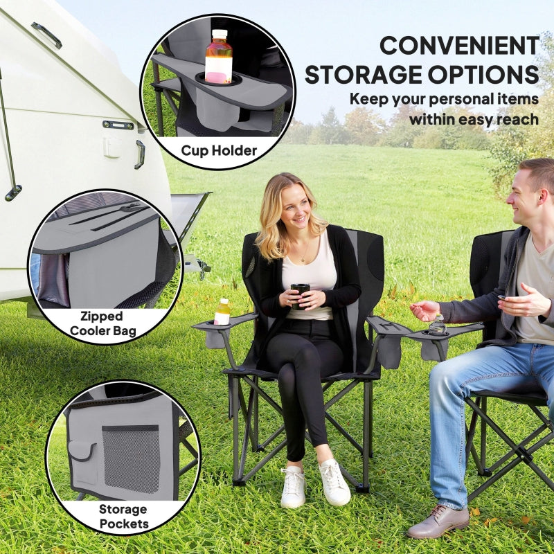 Set of 2 Folding Camping Chairs, Padded Adjustable Armrests Cooler Bag Cup Holder, Grey