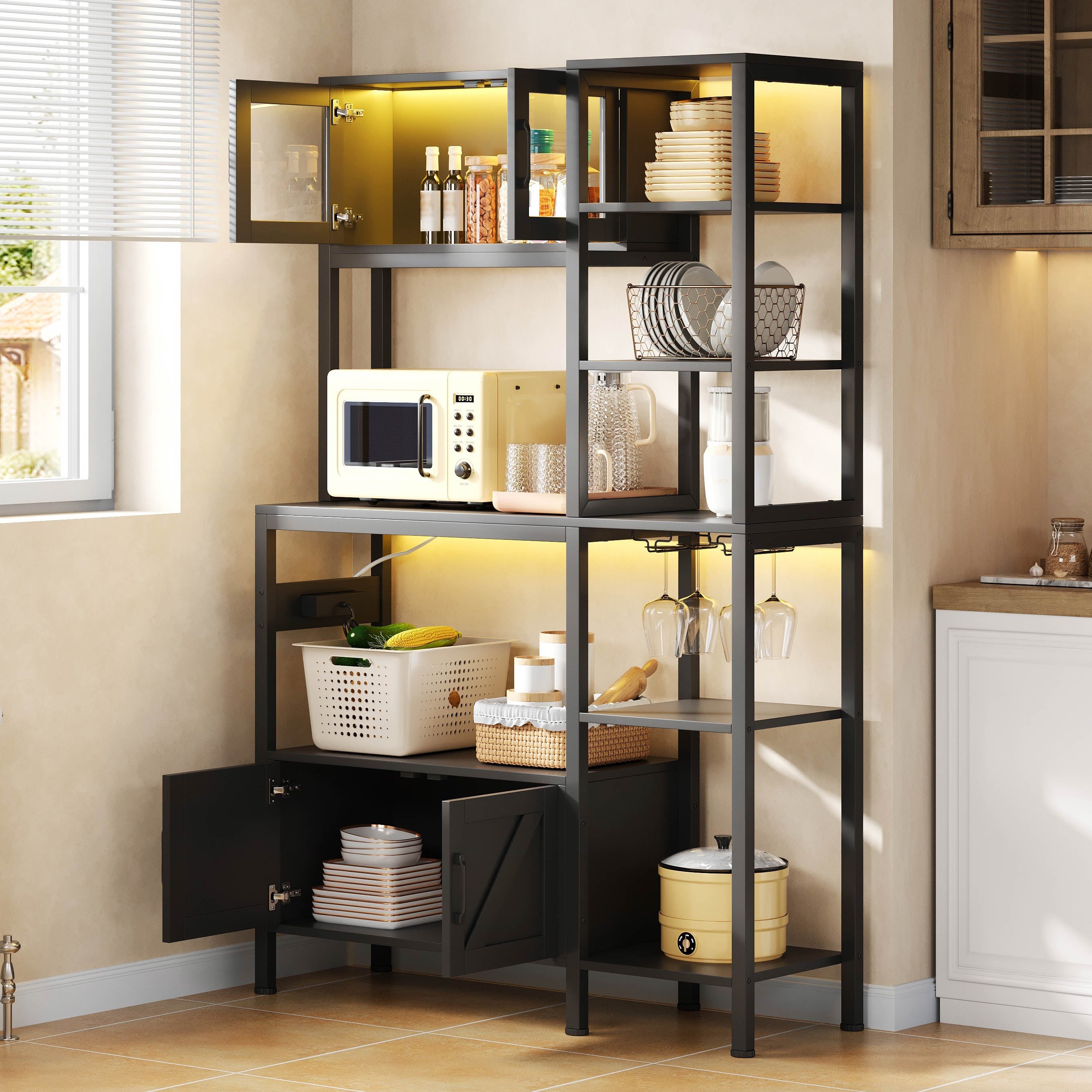 Kitchen Baker's Rack with Power Outlet and LED Lights, Microwave Shelf and Wine Glass Holder, Particle Board and Stainless Steel