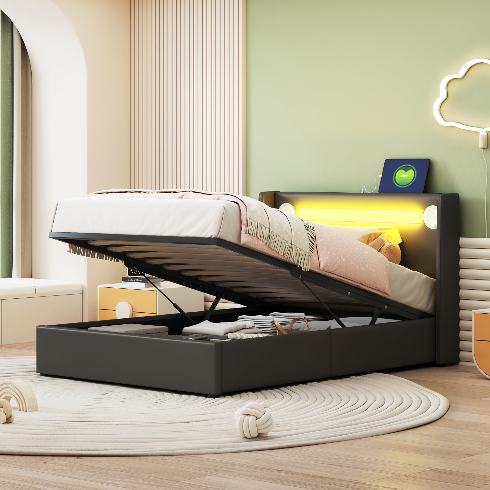 Children's Bed 90x200 with LED, Bluetooth & USB, PU Leather