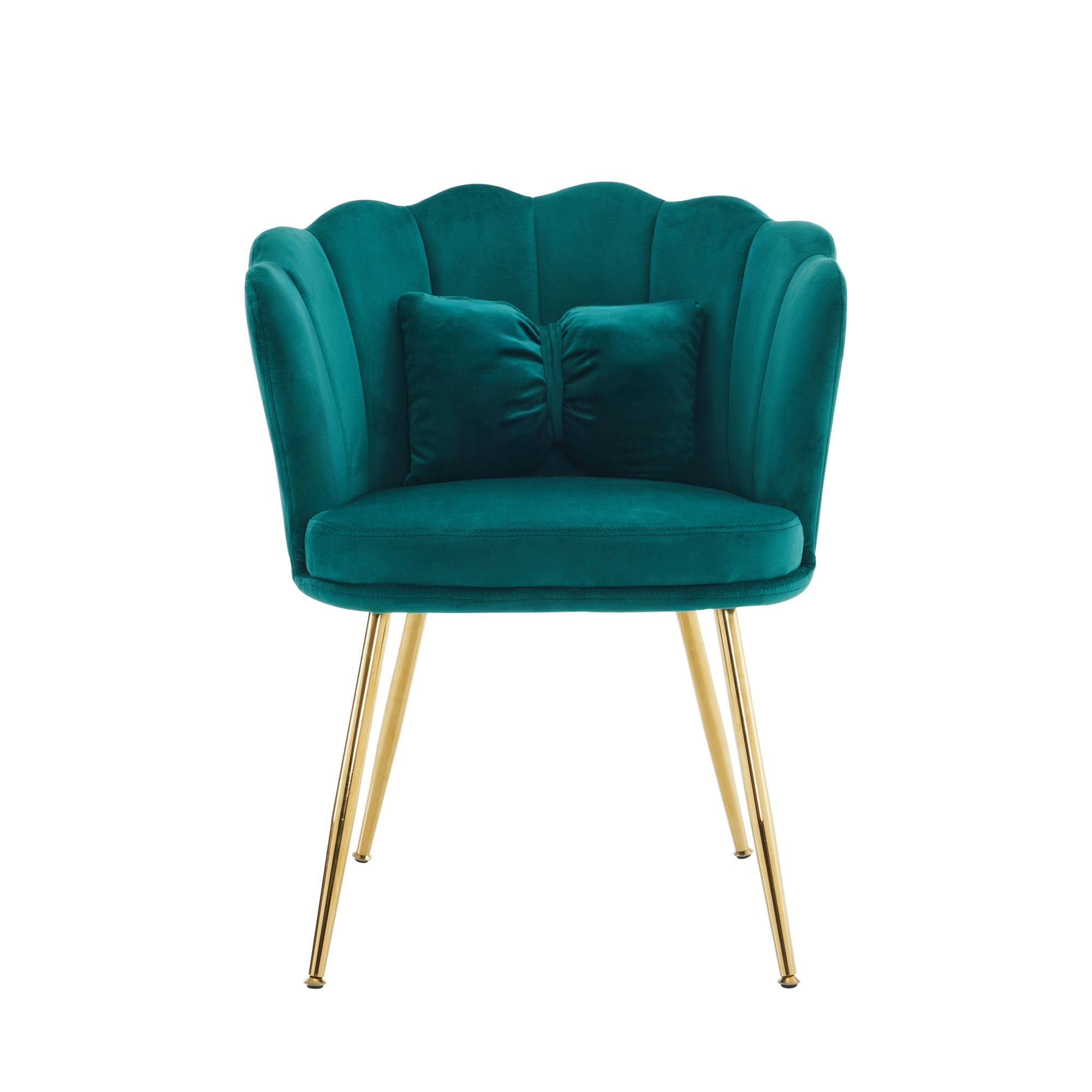 Modern velvet armchair, comfortable upholstered with petal back, gold-plated metal legs and butterfly cushion