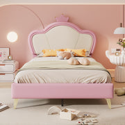 Kids Upholstered Single Bed – Crown Headboard, Pink & White PU