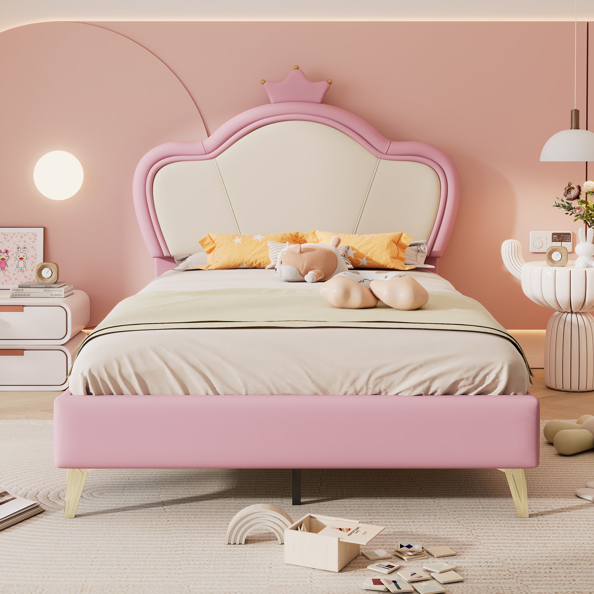 Upholstered Bed, Children's Single Bed with Crown Headboard & Metal Feet, PU Pink+White
