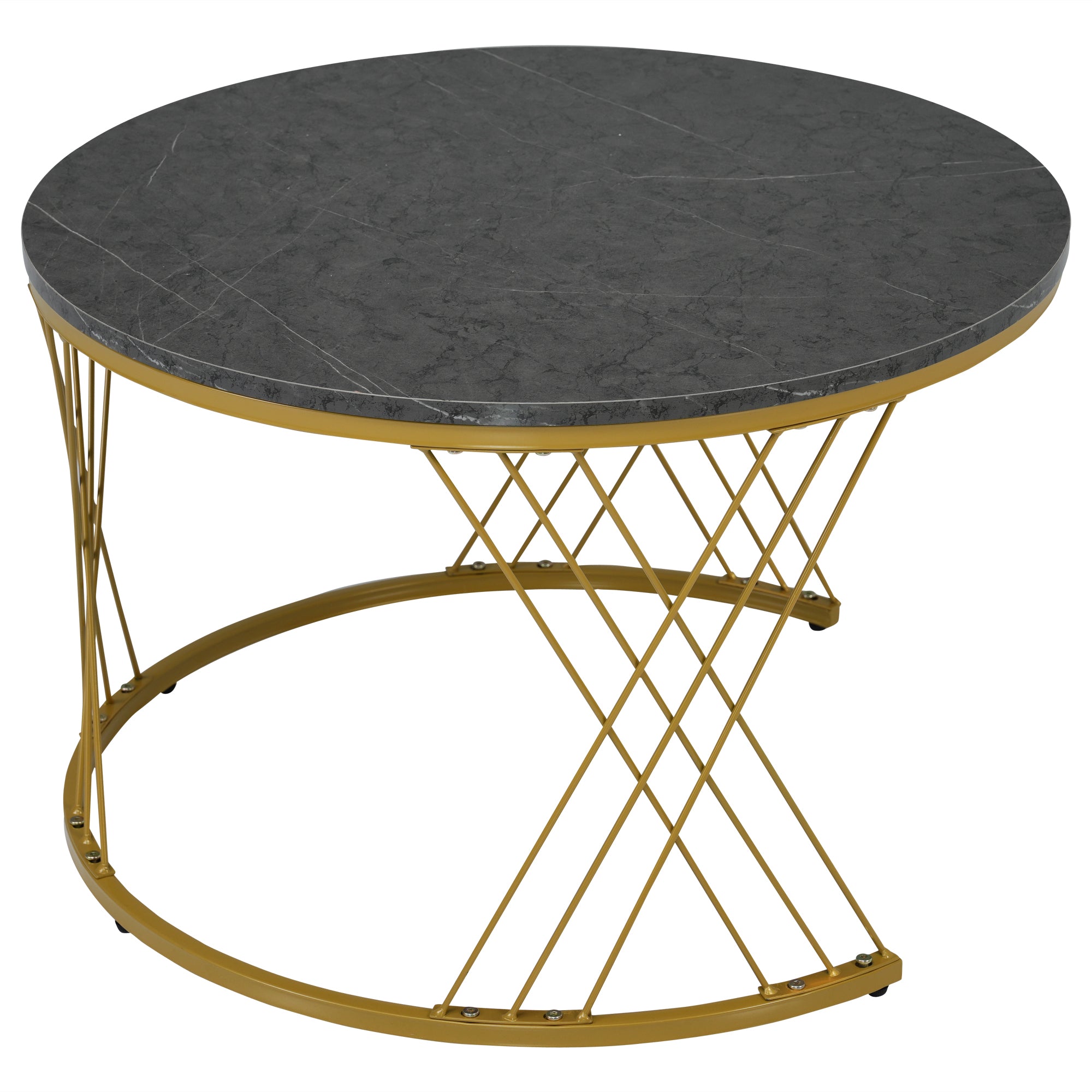 Nesting Coffee Table Set Modern Round Set of 2 Marble Veneer - Gold Frame