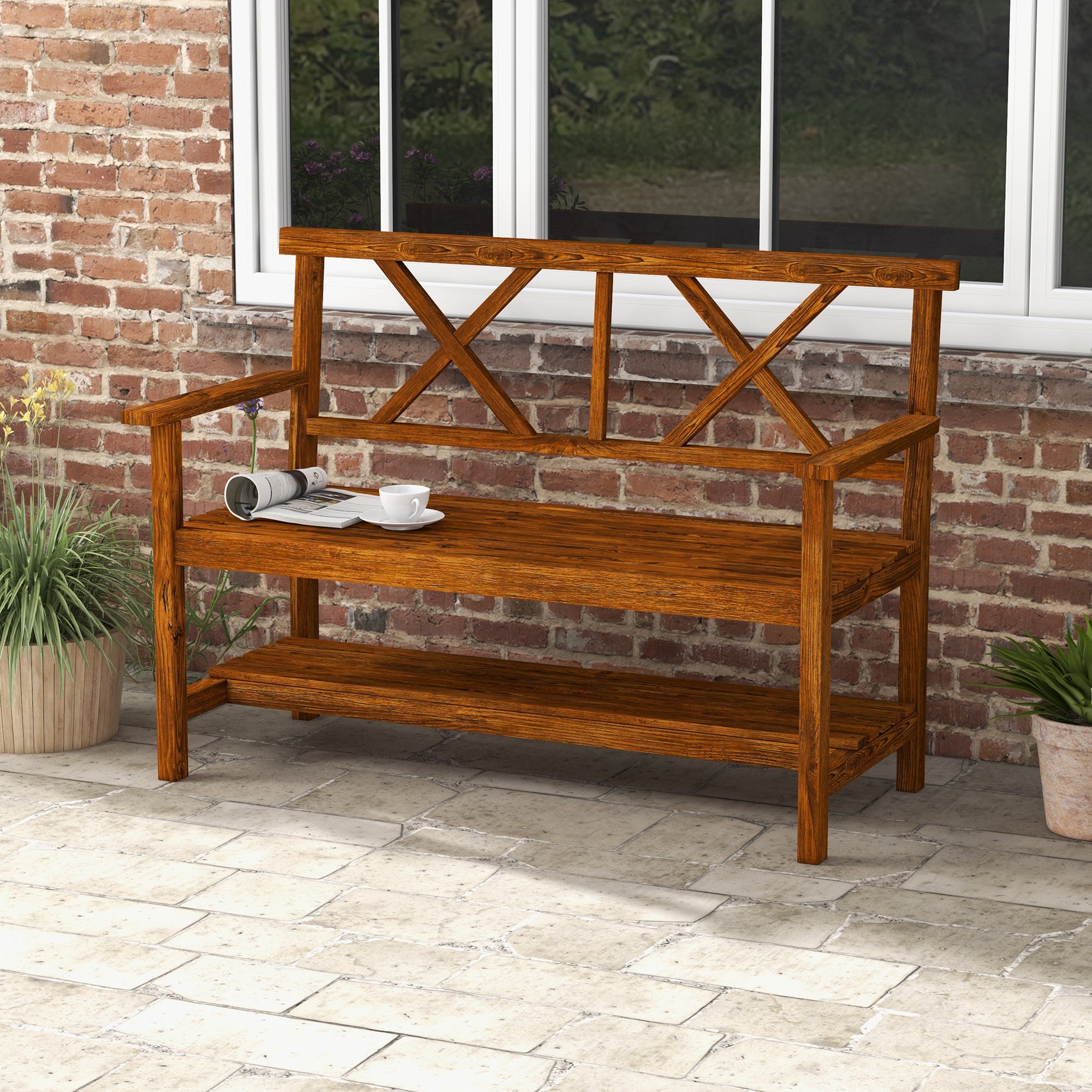 Two-Seater Fir Wood Bench with Bottom Shelf, Natural
