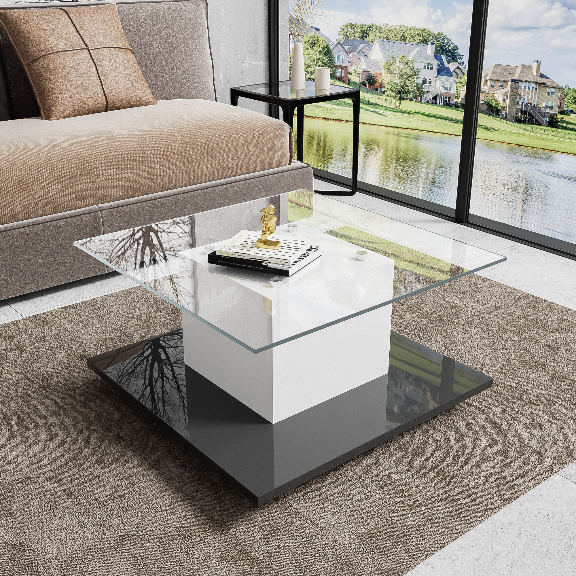 Coffee Table, High-Gloss Glass with Swivel Wheels