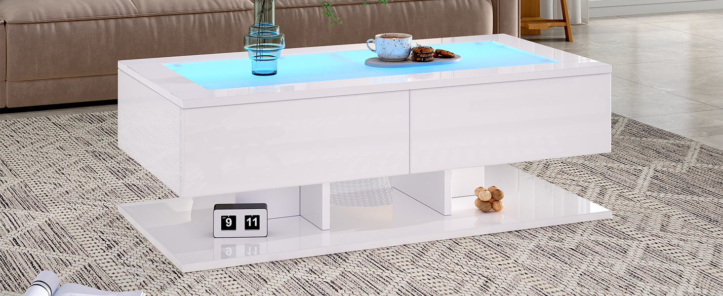 Coffee Table 100x50x35cm, High-Gloss with Drawers, LED Light & Glass Top, White