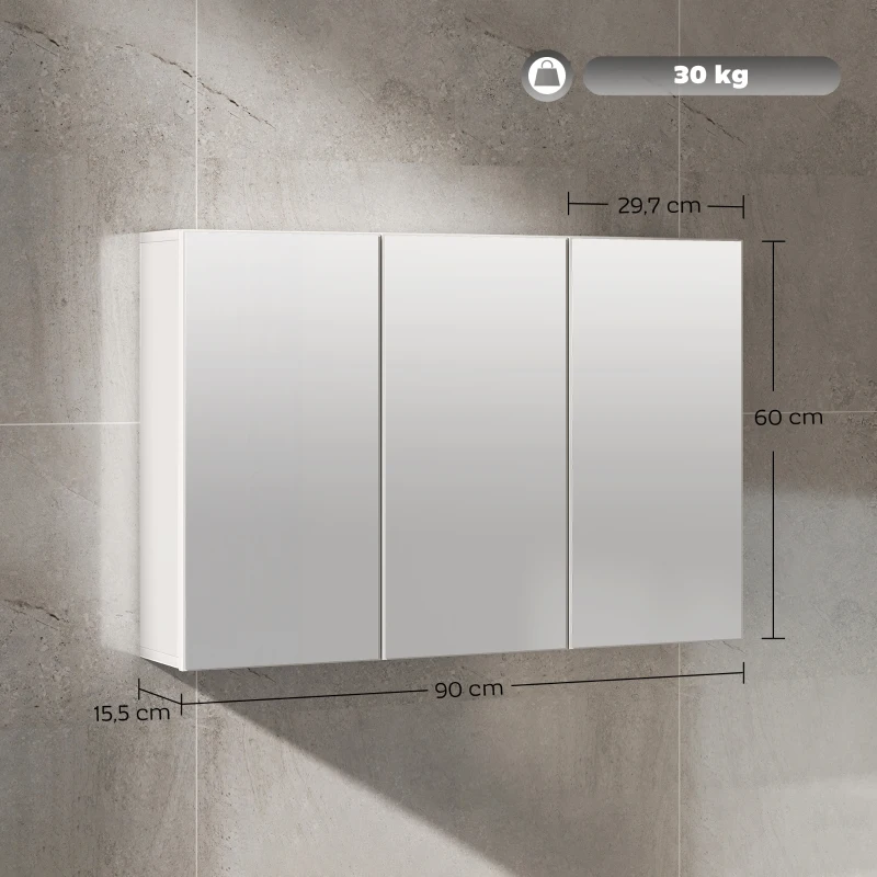 Bathroom Mirror Cabinet, 3 Mirrored Doors, Wall Mounted, White Chipboard