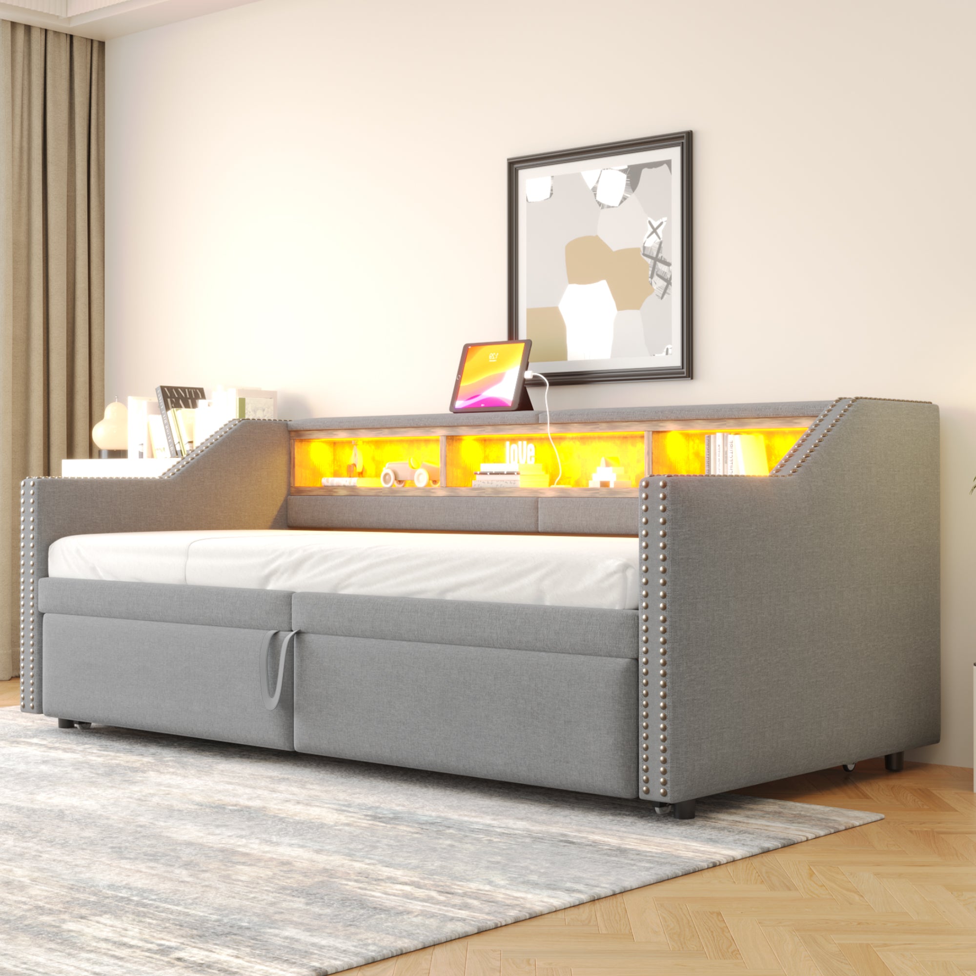 Upholstered Sofa Bed, Pull-Out with Storage, LED & USB, Light Grey