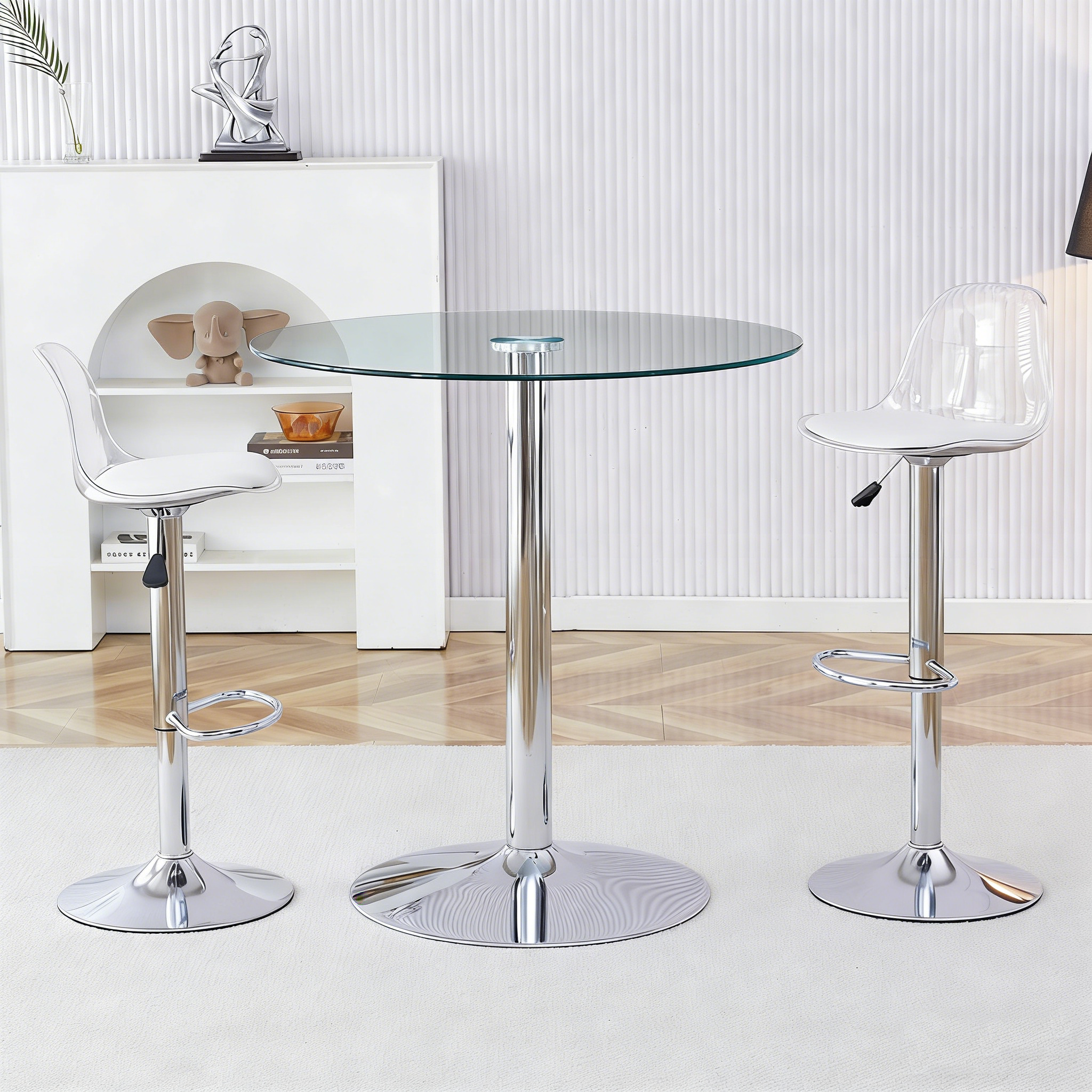 Flexible Bar Set, 89cm Glass Table + 2 Height-Adjustable Stools, Silver-Colored Metal