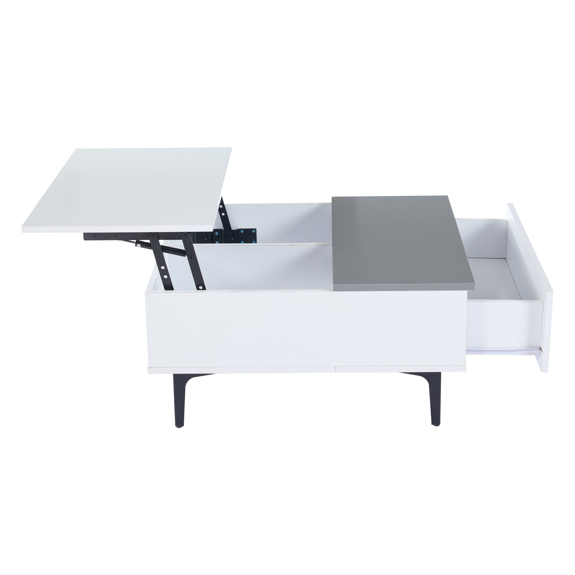 Coffee Table, Height-Adjustable with Hidden Storage and Shelves, White High-Gloss