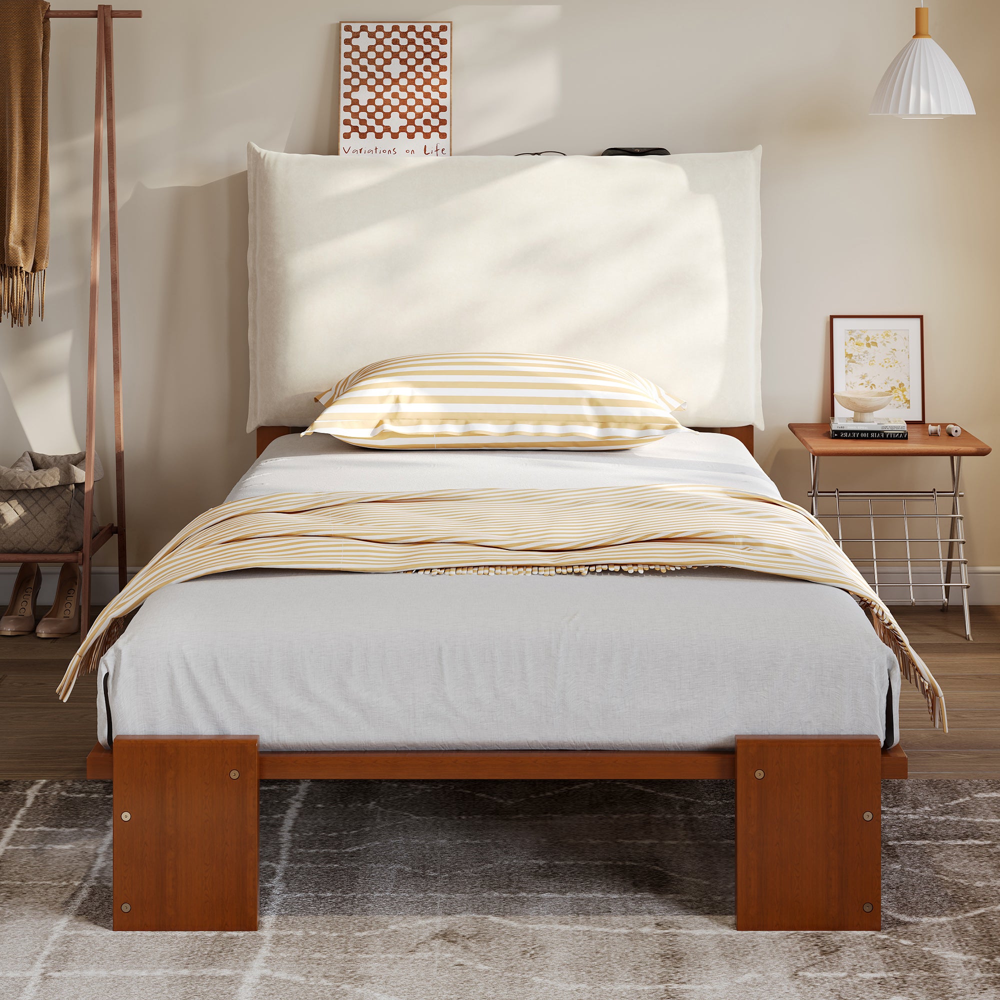 Upholstered Single Bed with Padded Headboard and Slatted Base, Dark Brown