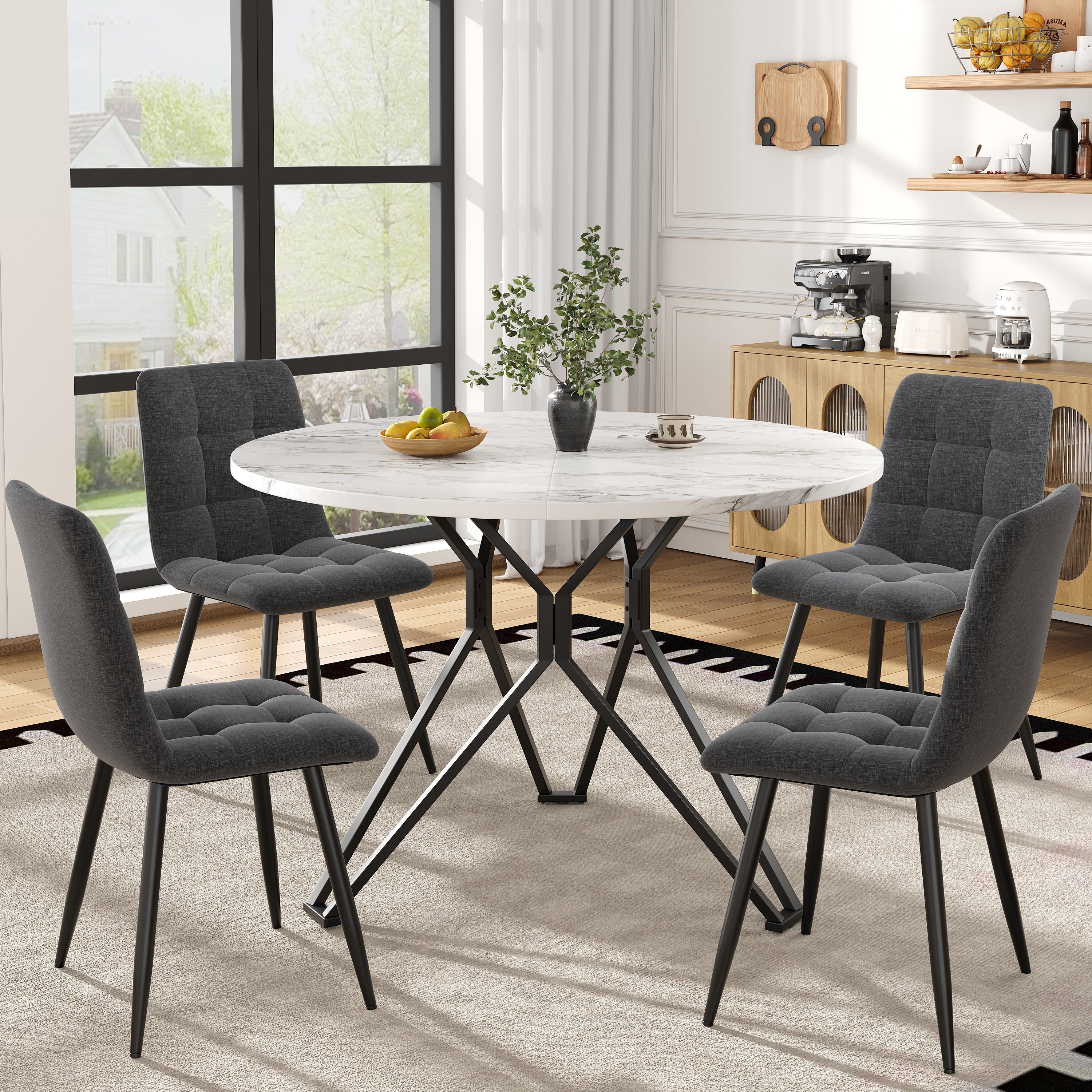 Dining Table Set 5-Piece 100cm Round MDF Marble Top Black Metal Legs Grey Linen
