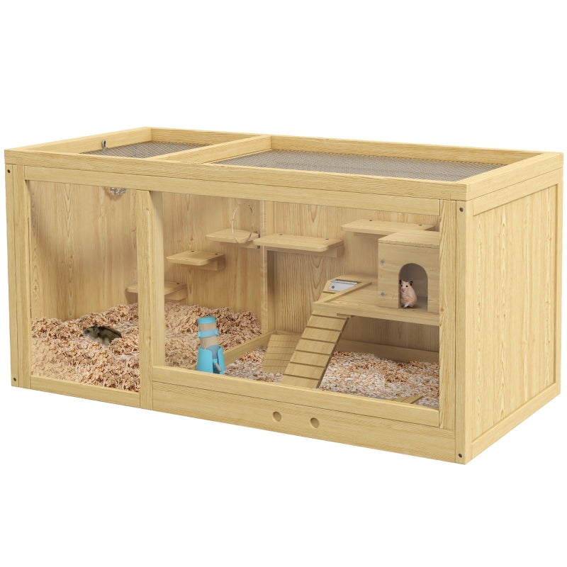 Wooden Hamster Cage with Water Bottle, Platforms, Openable Roof, Sliding Tray, Hut, Seesaws, Natural Wood